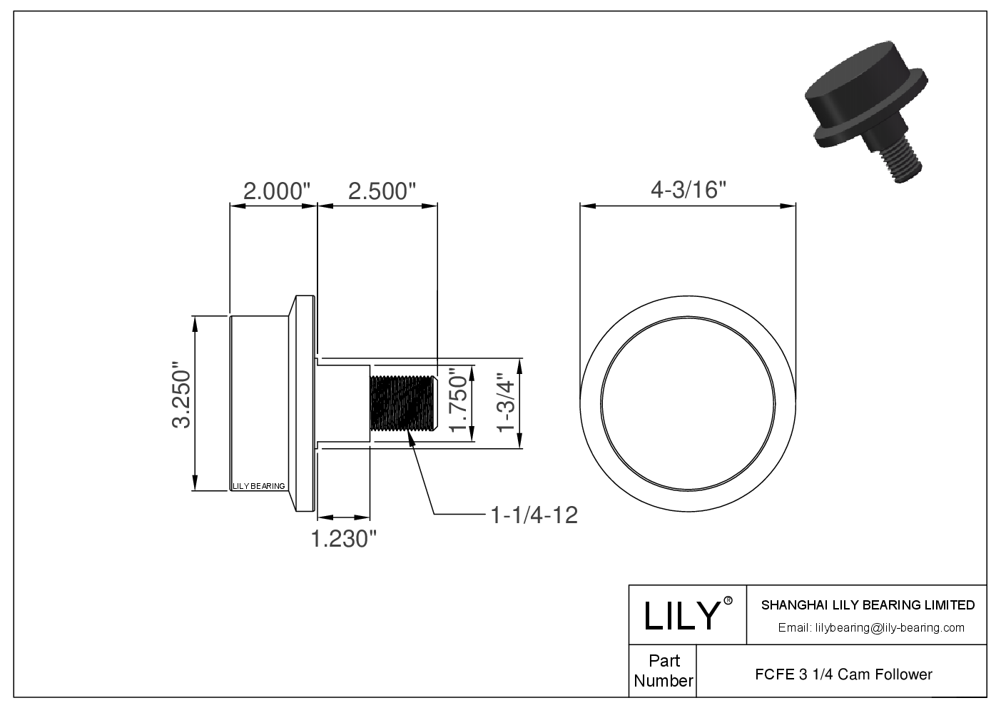 FCFE 3 1/4 Eccentric Stud Cam Follower cad drawing