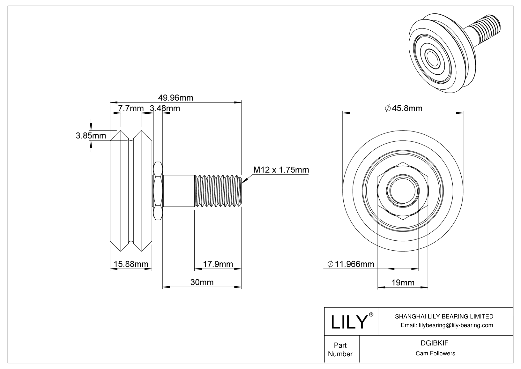 DGIBKIF Threaded V-Groove Track Rollers cad drawing