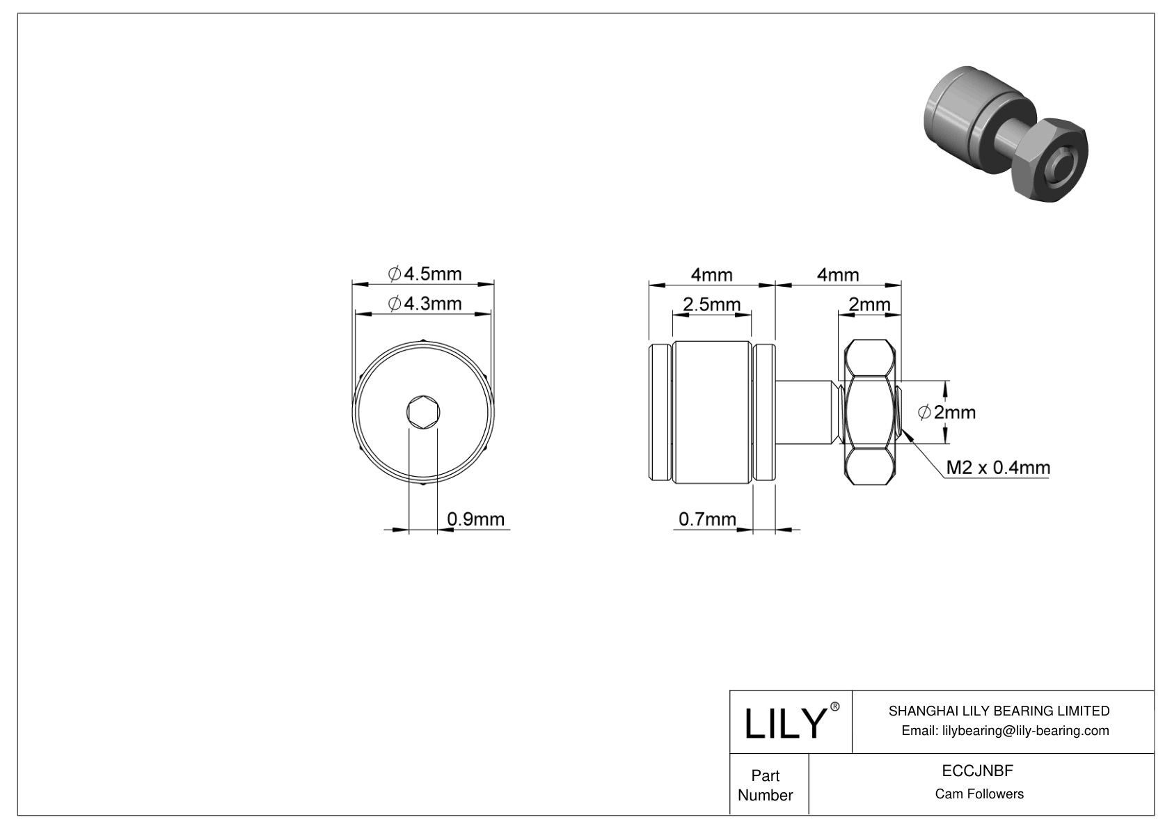 ECCJNBF Miniature High-Speed Threaded Track Rollers cad drawing