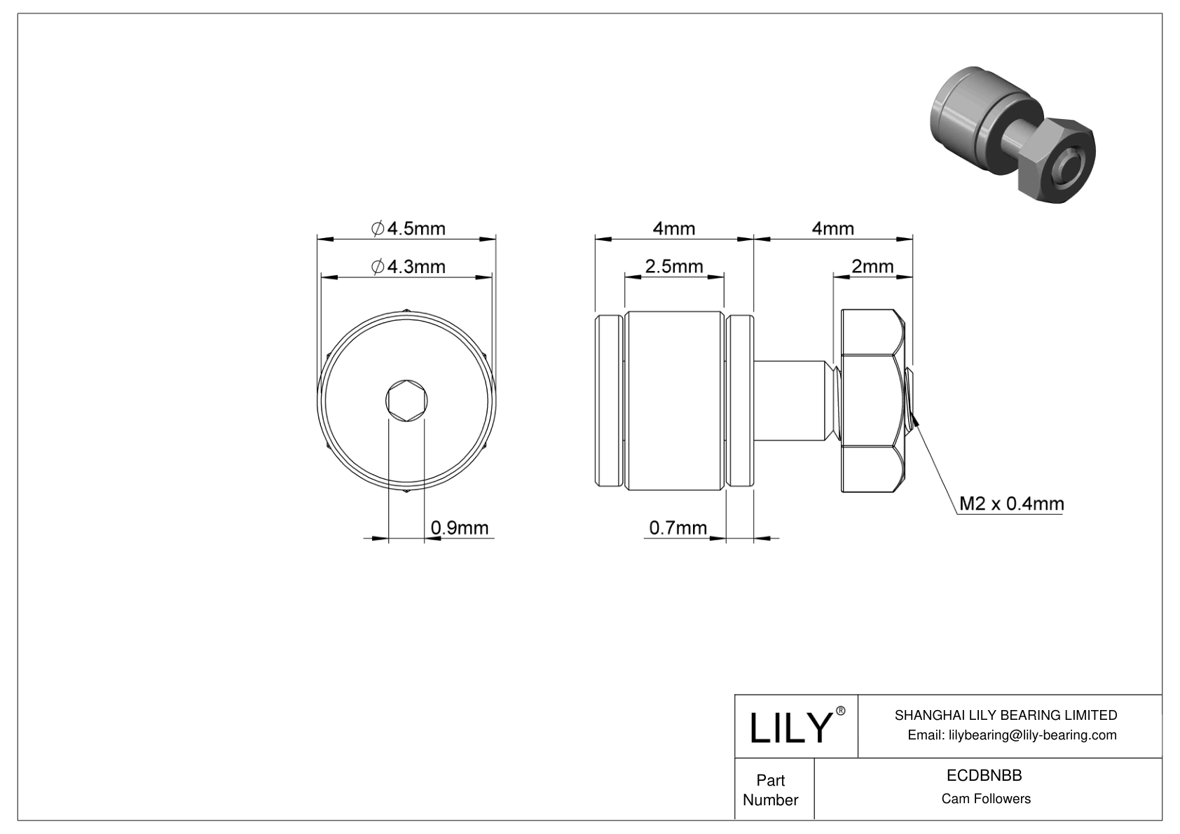 ECDBNBB Miniature High-Load Threaded Track Rollers cad drawing