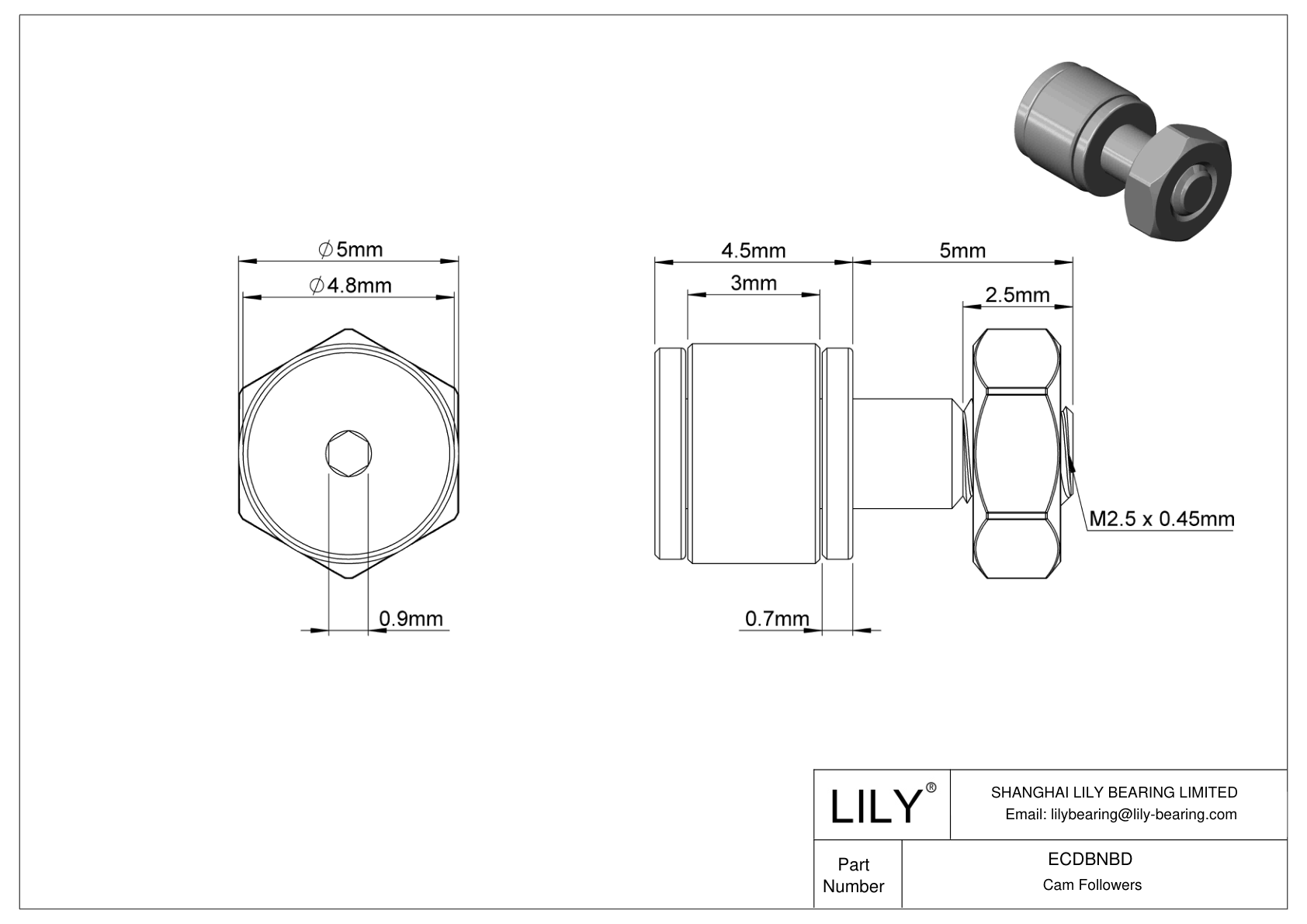 ECDBNBD Miniature High-Load Threaded Track Rollers cad drawing