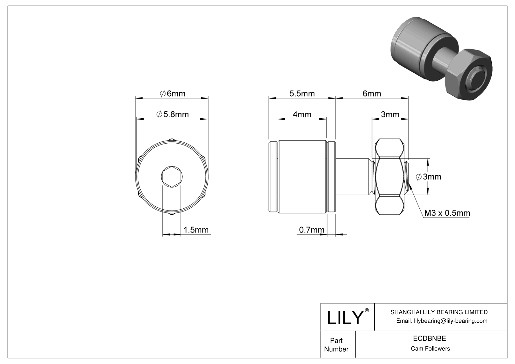 ECDBNBE Miniature High-Load Threaded Track Rollers cad drawing