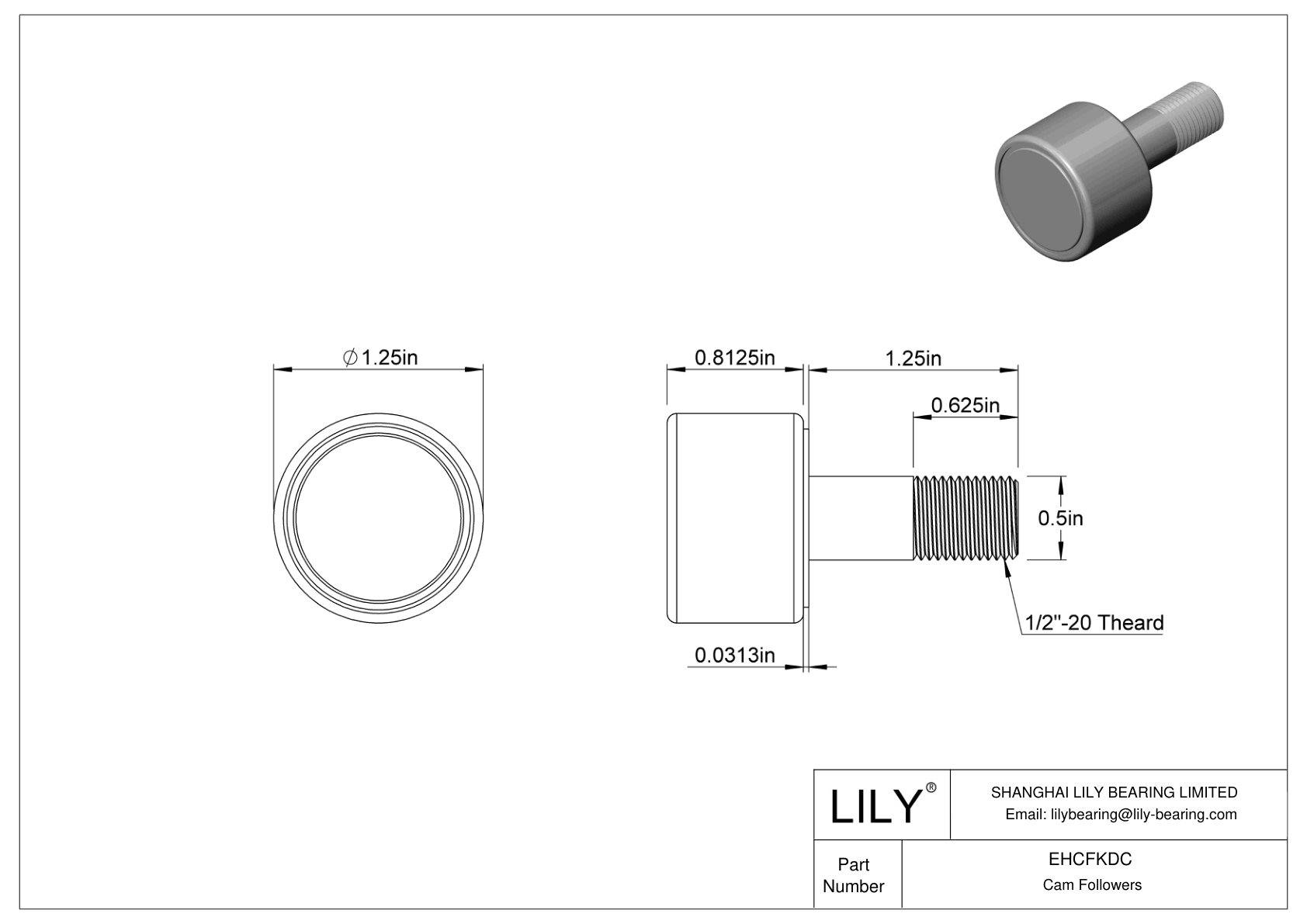 EHCFKDC Thrust-Load-Rated Corrosion-Resistant Threaded Track Rollers cad drawing