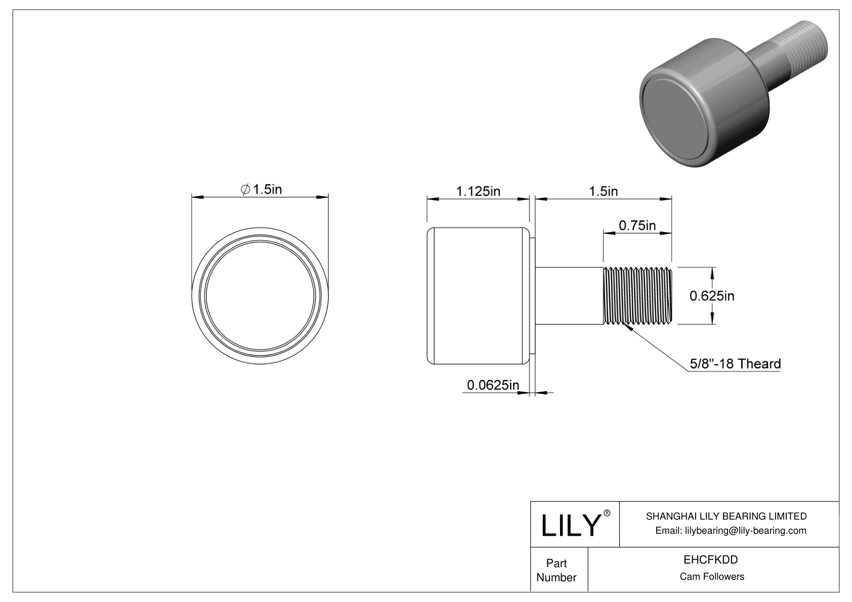EHCFKDD Thrust-Load-Rated Corrosion-Resistant Threaded Track Rollers cad drawing