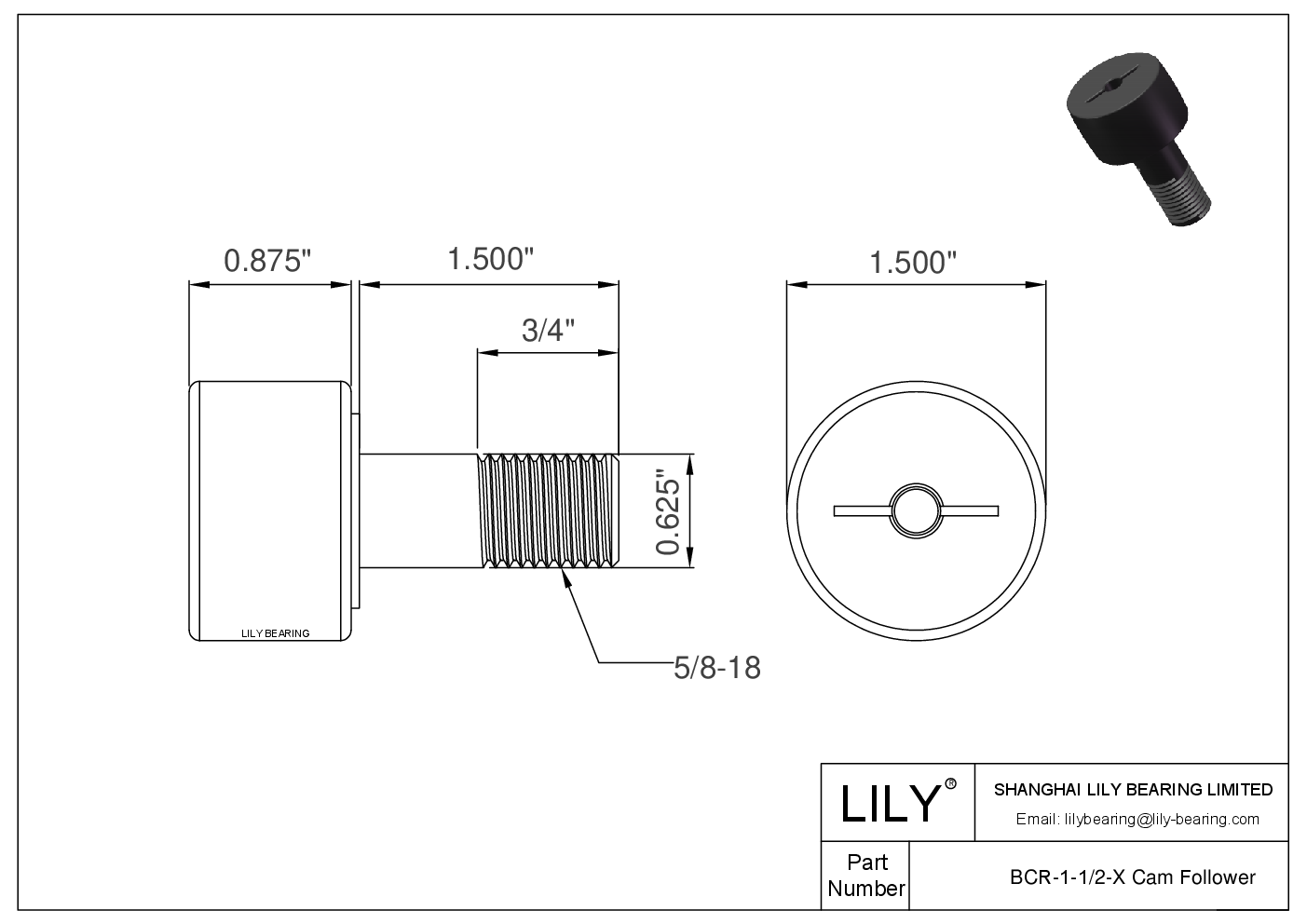 BCR-1-1/2-X Stud Cam Follower cad drawing