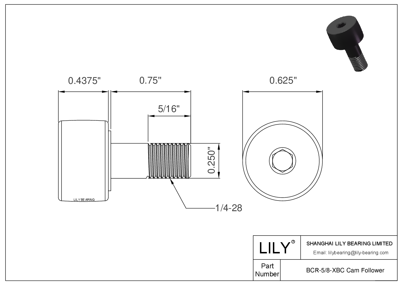 BCR-5/8-XBC Seguidores de leva estilo espárrago en pulgadas dibujo cad