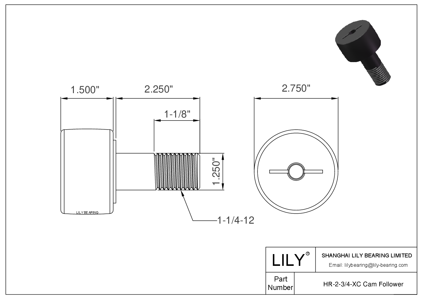 HR-2-3/4-XC Stud Style Inch Cam Followers cad drawing