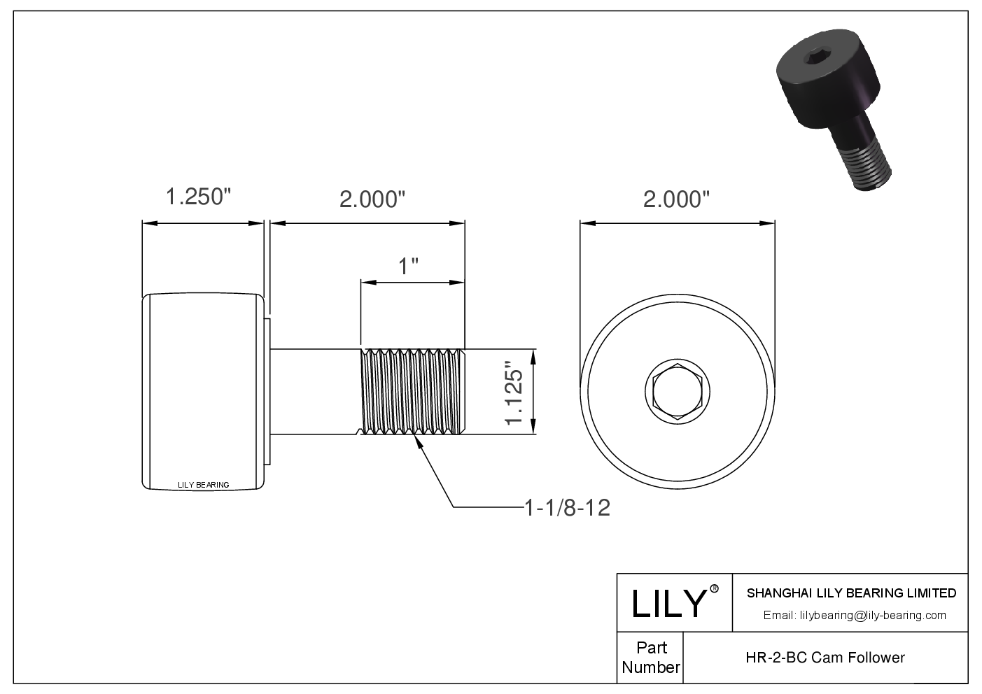 HR-2-BC Stud Style Inch Cam Followers cad drawing