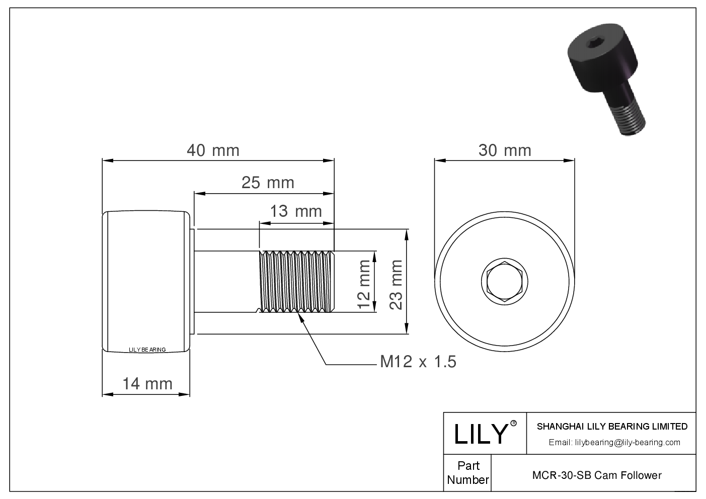 MCR-30-SB Stud Style Metric Cam Followers cad drawing