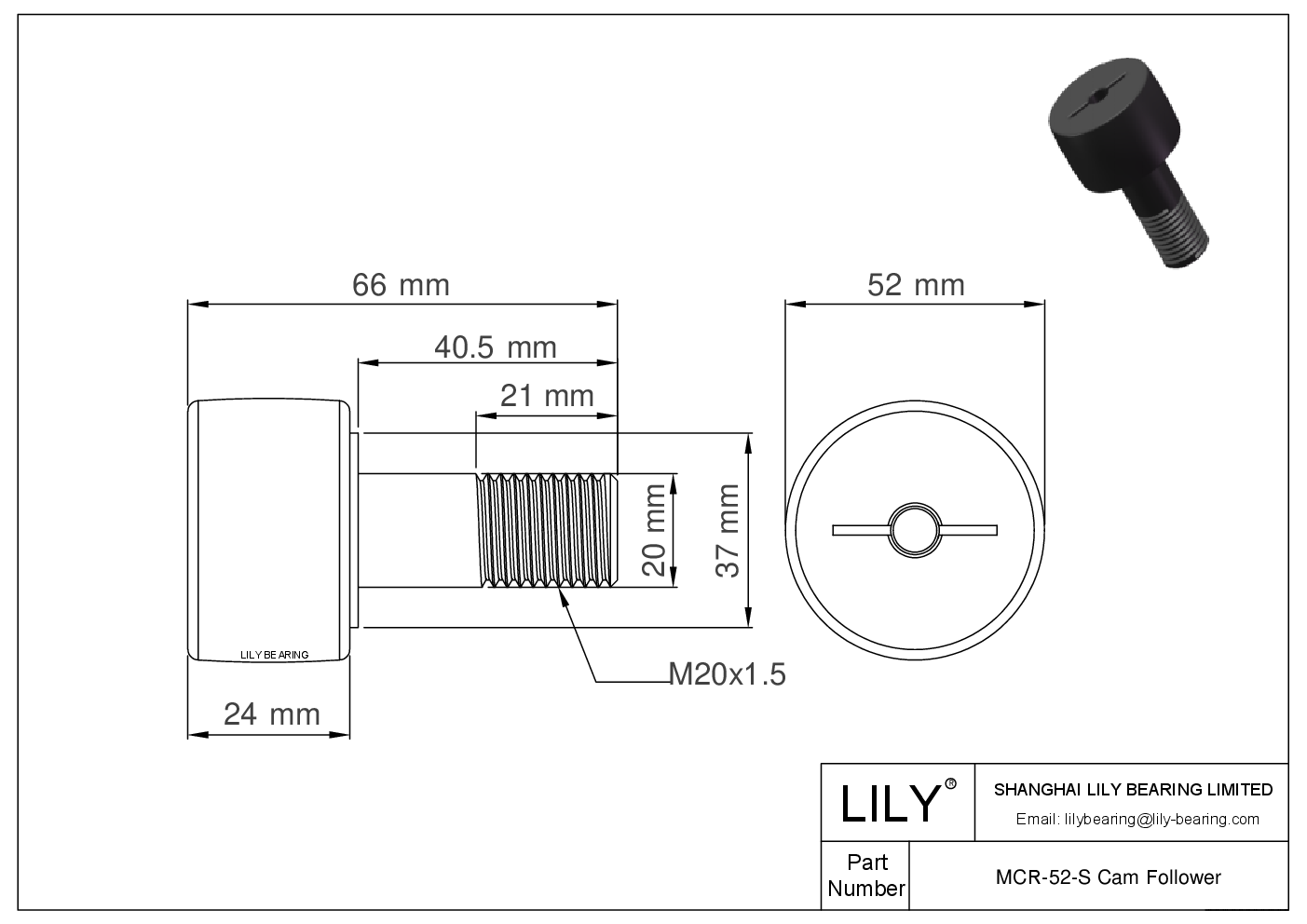 MCR-52-S Stud Style Metric Cam Followers cad drawing