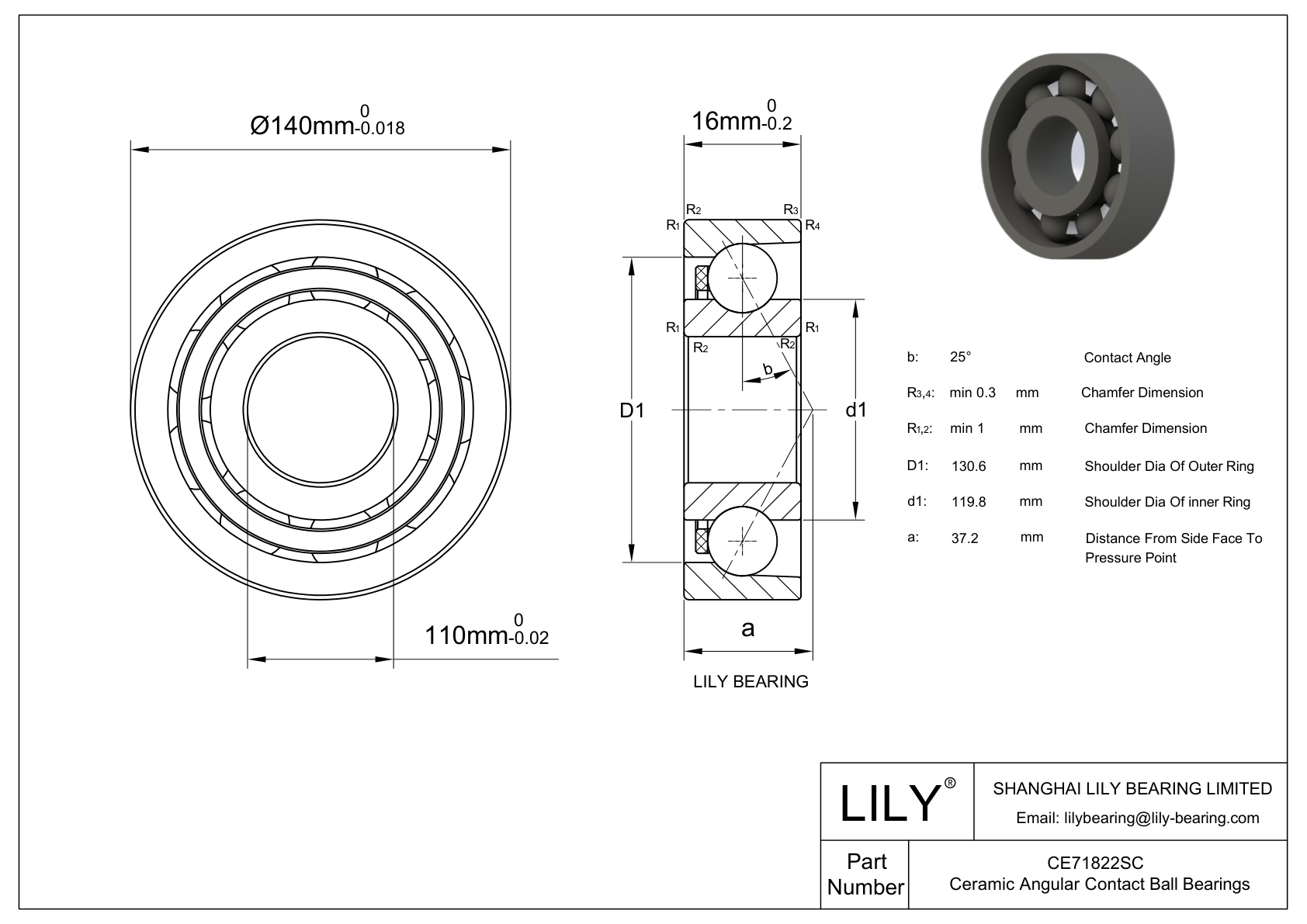 CE71822SC Silicon Carbide-Single Row Angular Contact cad drawing