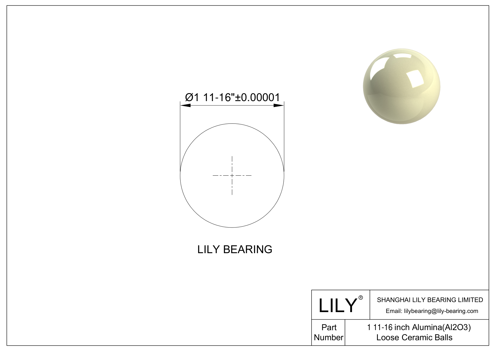Aluminum Oxide Al2O3 Ceramic Balls 1 11/16 inch Alumina Balls (≥99.7%) cad drawing