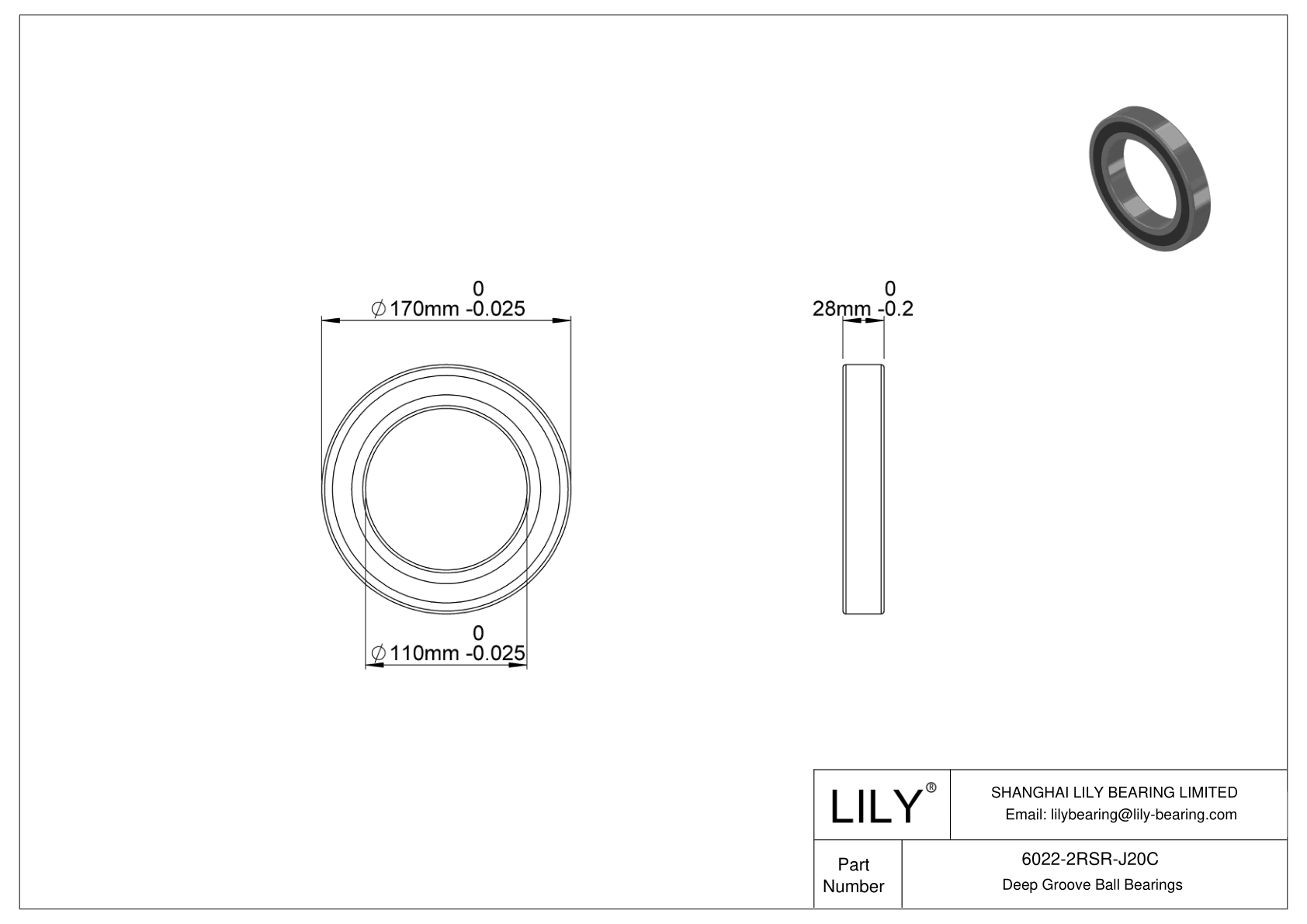 6022-2RSR-J20C Ceramic Coated Deep Groove Ball Bearings cad drawing