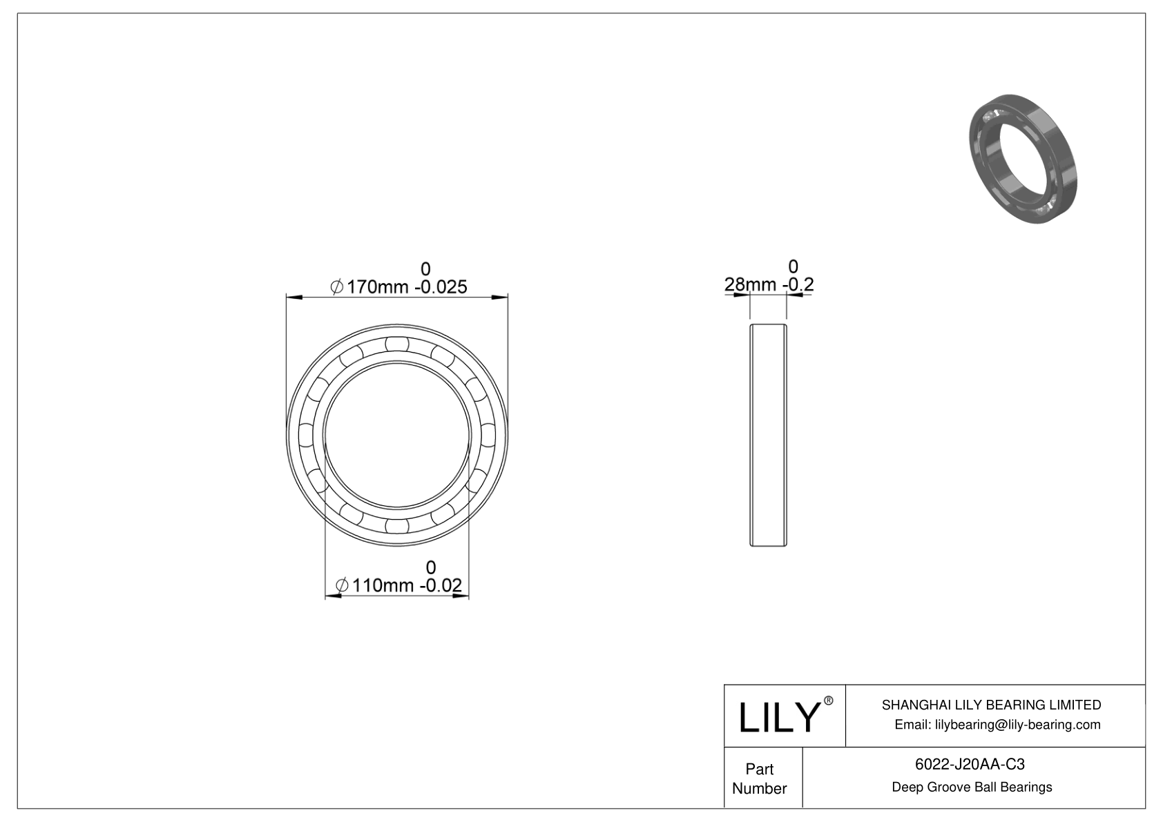 6022-J20AA-C3 Ceramic Coated Deep Groove Ball Bearings cad drawing