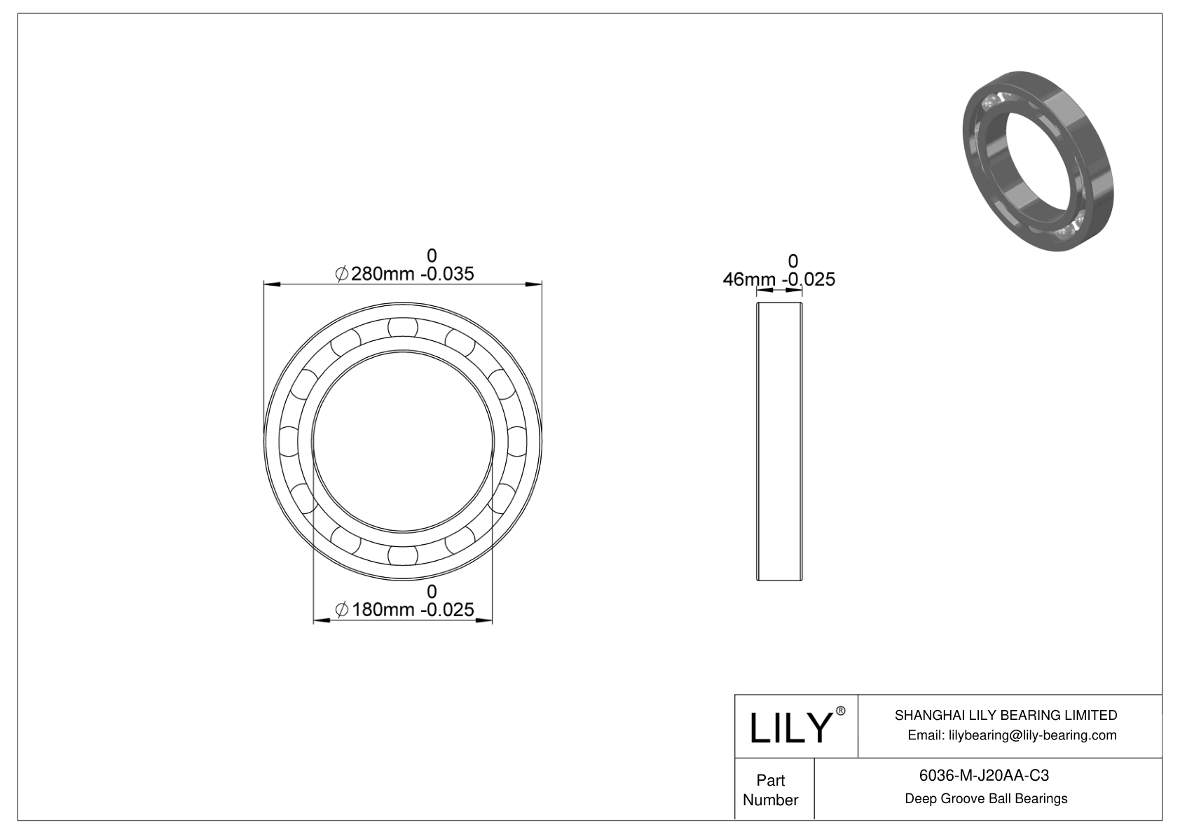 6036-M-J20AA-C3 Ceramic Coated Deep Groove Ball Bearings cad drawing