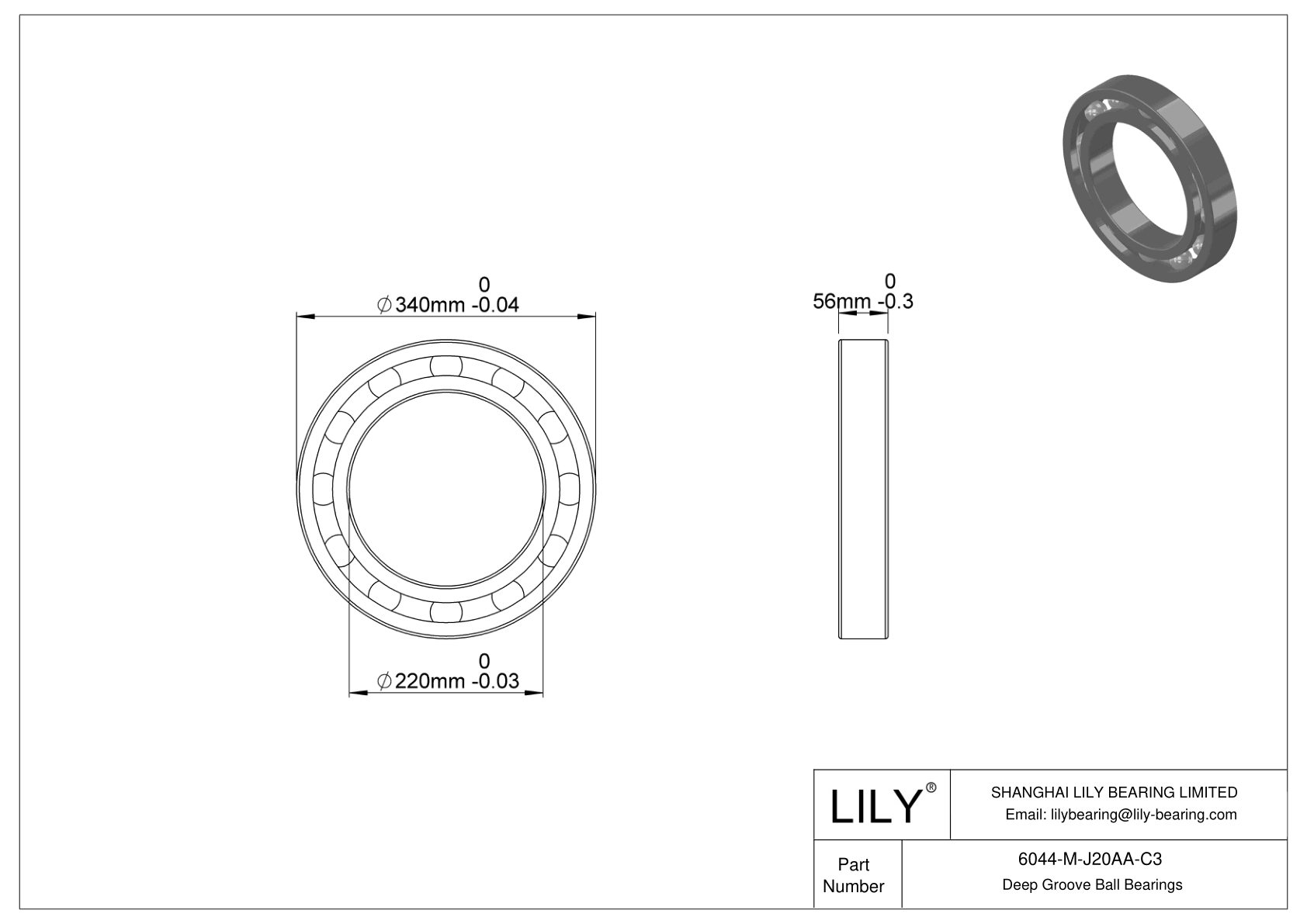 6044-M-J20AA-C3 Ceramic Coated Deep Groove Ball Bearings cad drawing