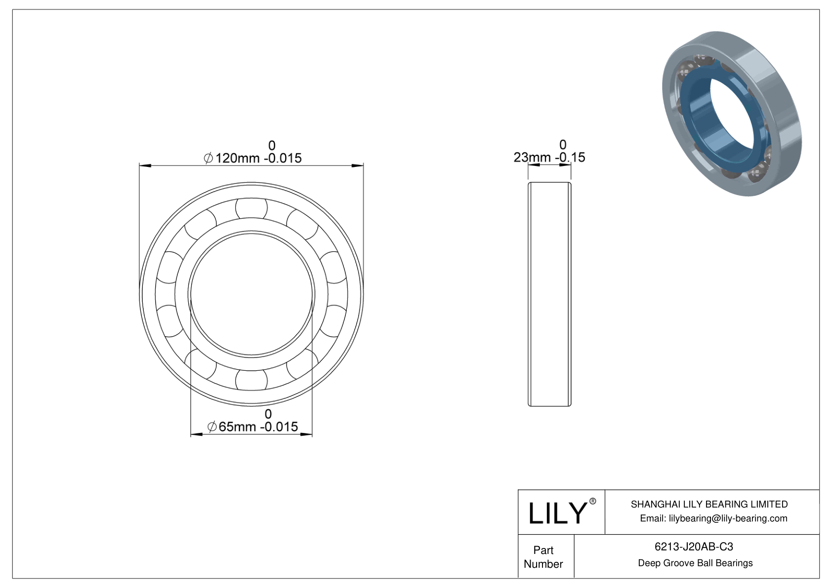 6213-J20AB-C3 Ceramic Coated Deep Groove Ball Bearings cad drawing