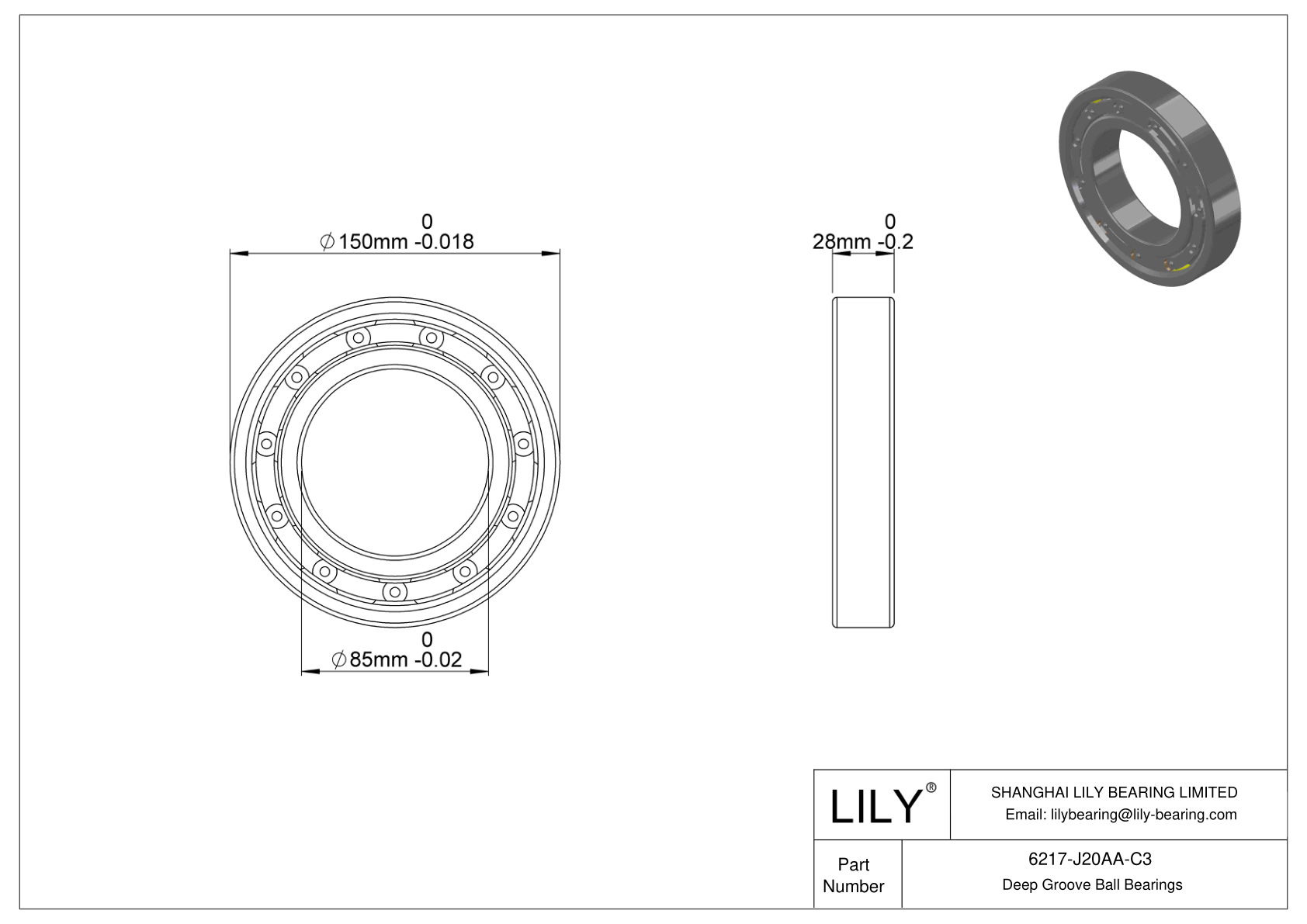 6217-J20AA-C3 Ceramic Coated Deep Groove Ball Bearings cad drawing