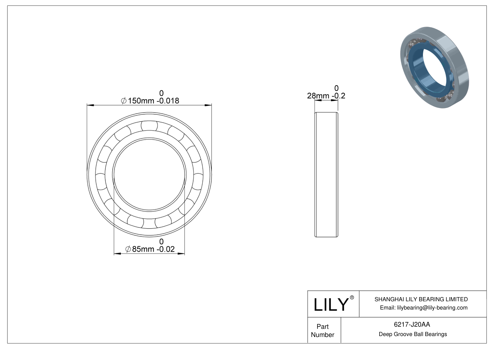 6217-J20AA Ceramic Coated Deep Groove Ball Bearings cad drawing