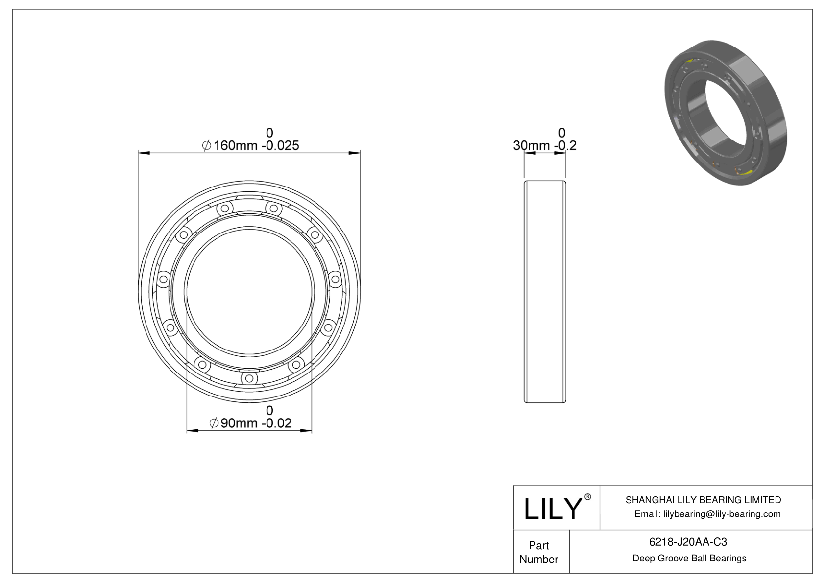 6218-J20AA-C3 Ceramic Coated Deep Groove Ball Bearings cad drawing