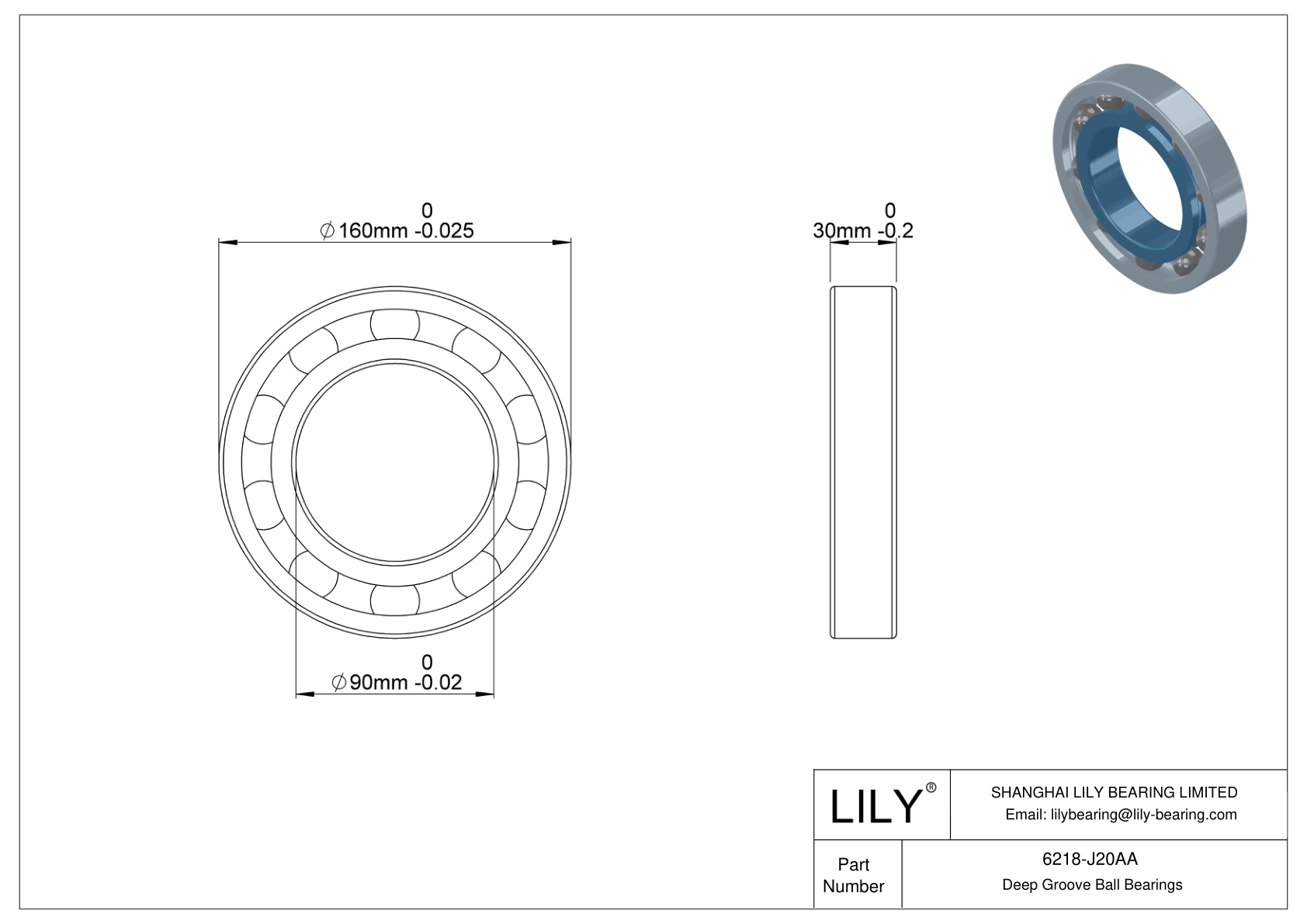 6218-J20AA Ceramic Coated Deep Groove Ball Bearings cad drawing