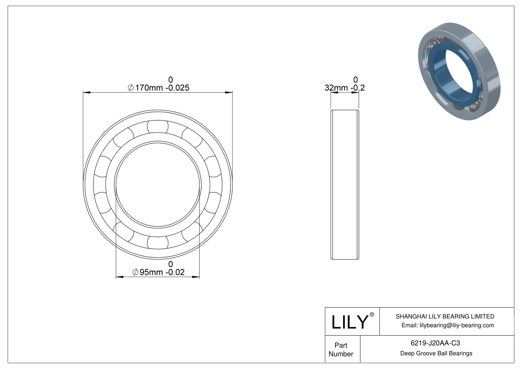 6219-J20AA-C3 Ceramic Coated Bearing cad drawing