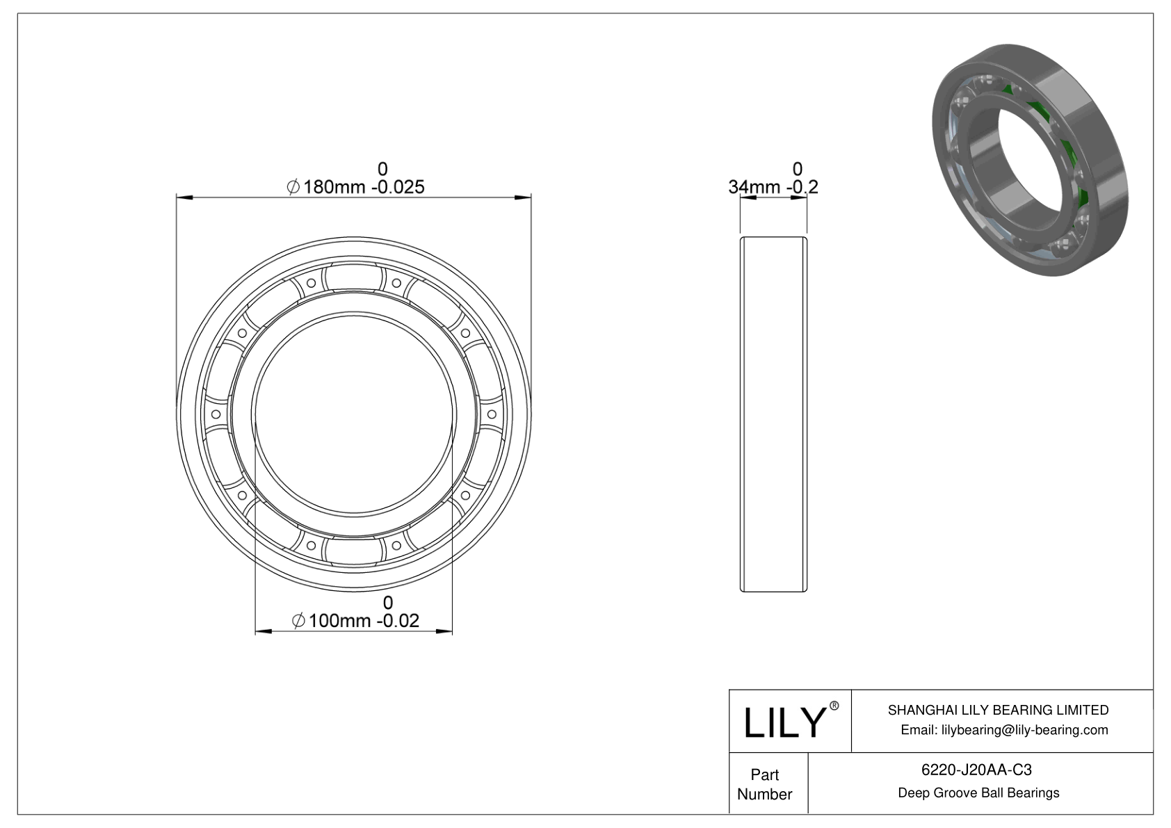 6220-J20AA-C3 Ceramic Coated Bearing cad drawing