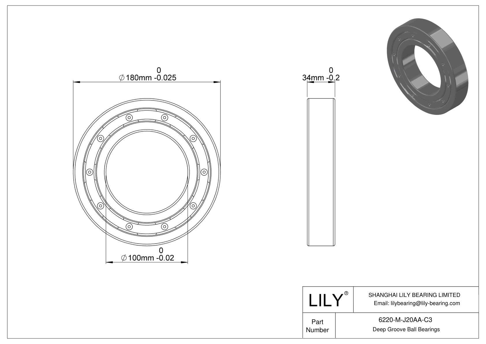 6220-M-J20AA-C3 Ceramic Coated Deep Groove Ball Bearings cad drawing