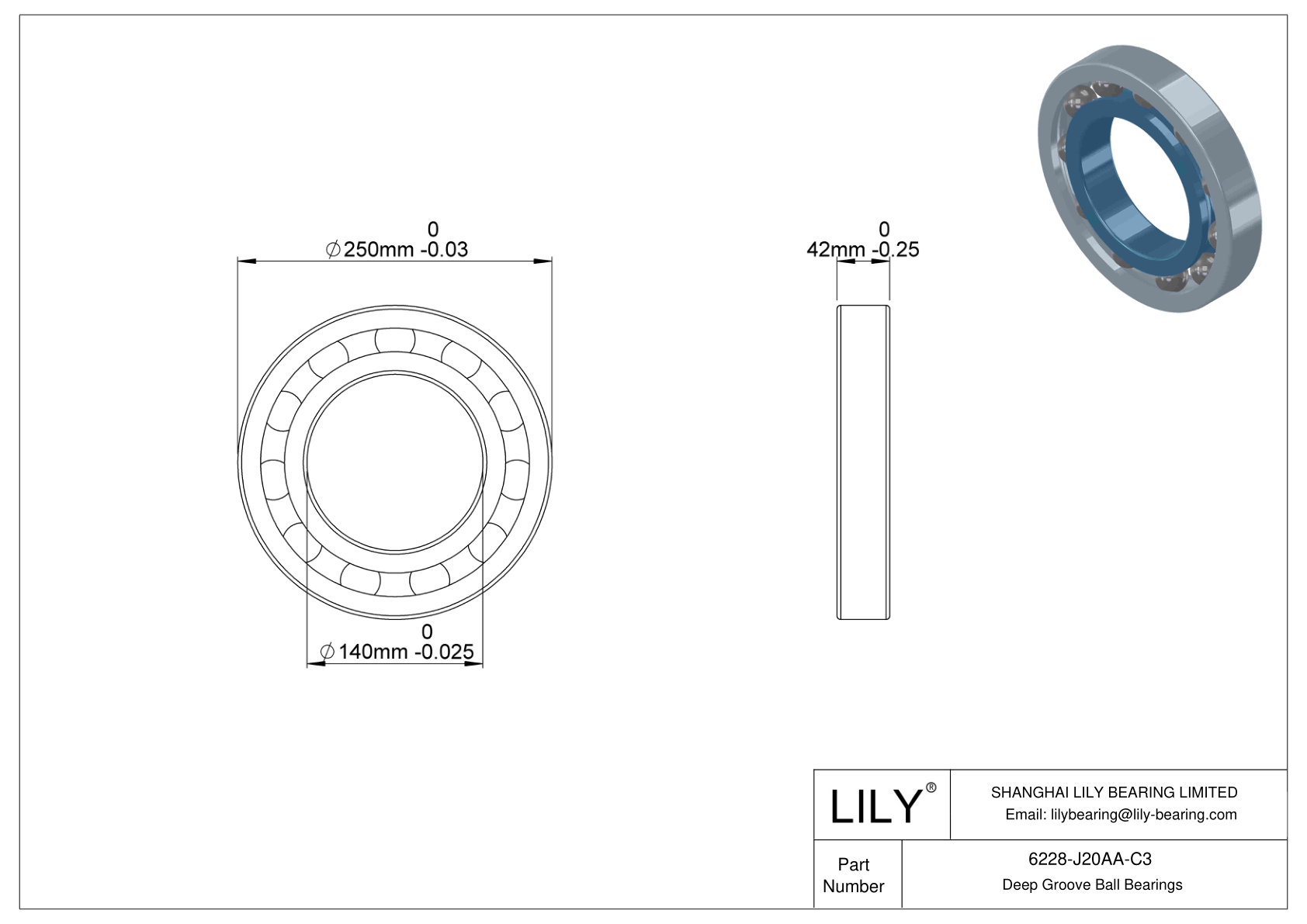 6228-J20AA-C3 Ceramic Coated Deep Groove Ball Bearings cad drawing