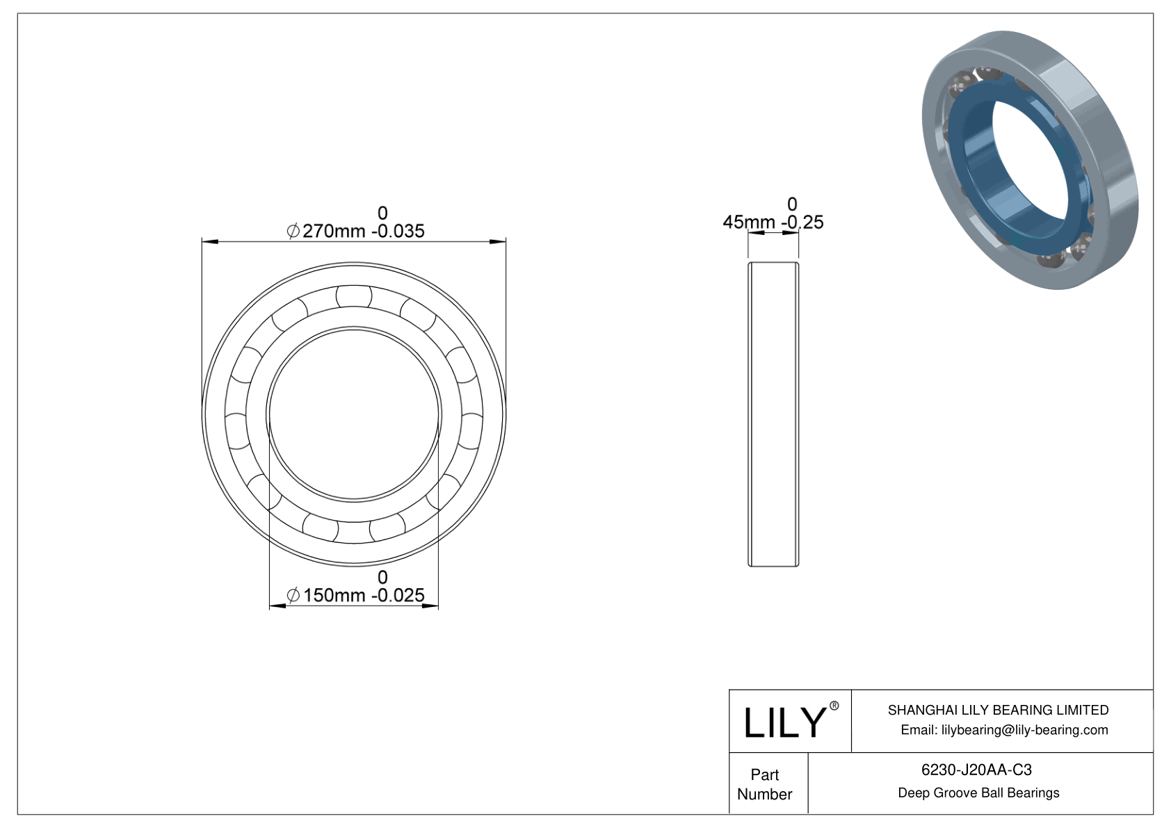 6230-J20AA-C3 Ceramic Coated Deep Groove Ball Bearings cad drawing