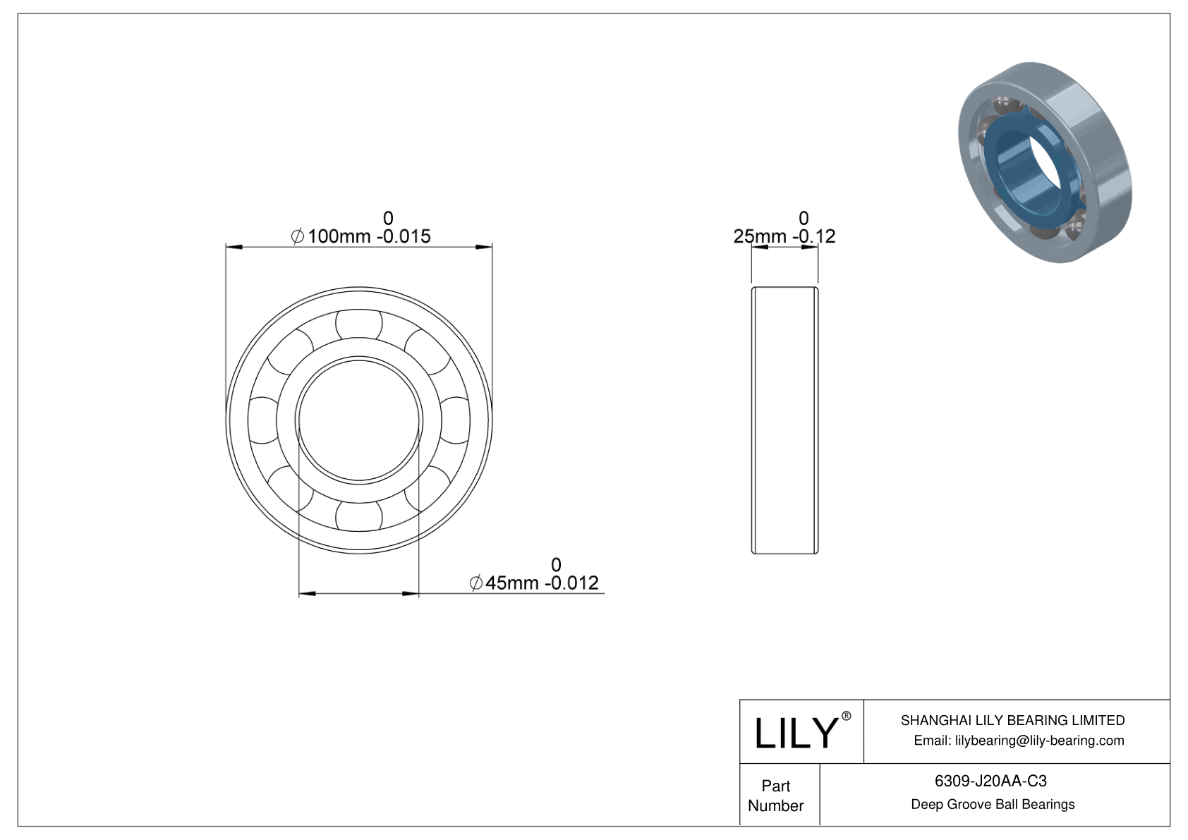 6309-J20AA-C3 Ceramic Coated Bearing cad drawing