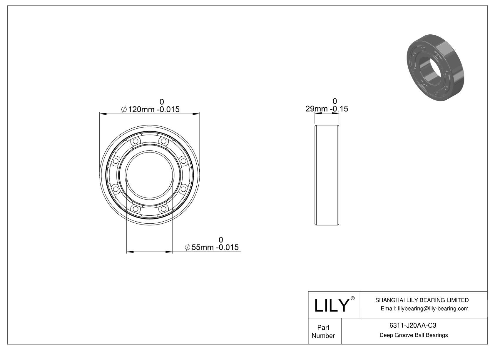 6311-J20AA-C3 Ceramic Coated Deep Groove Ball Bearings cad drawing