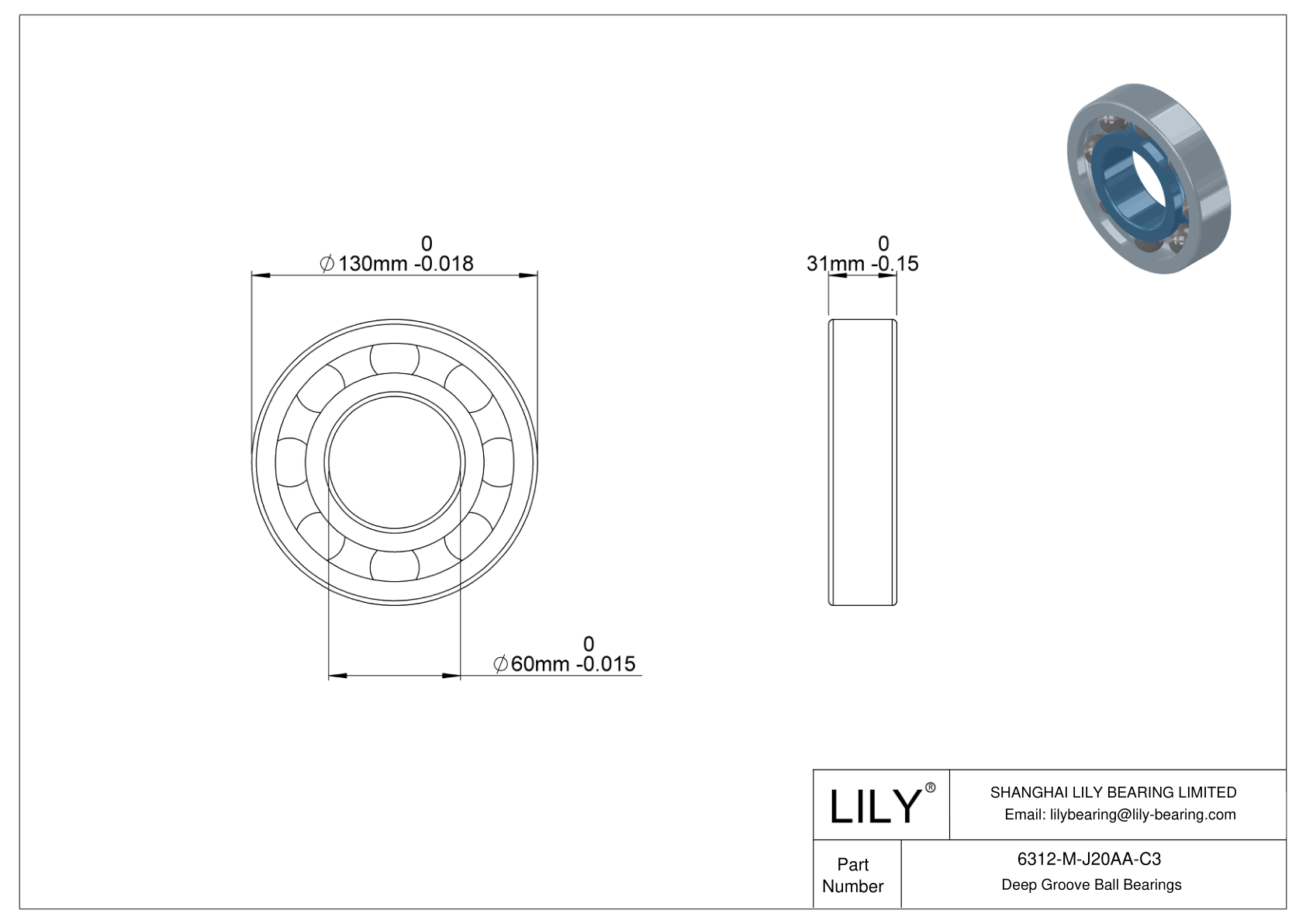 6312-M-J20AA-C3 Ceramic Coated Deep Groove Ball Bearings cad drawing