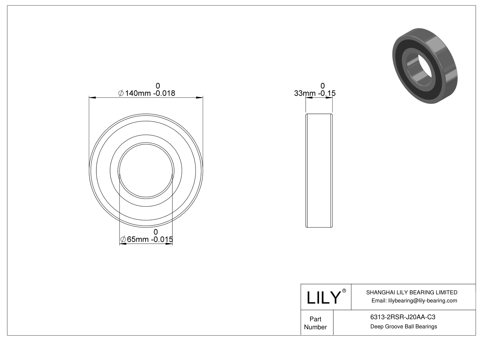 6313-2RSR-J20AA-C3 Ceramic Coated Bearing cad drawing