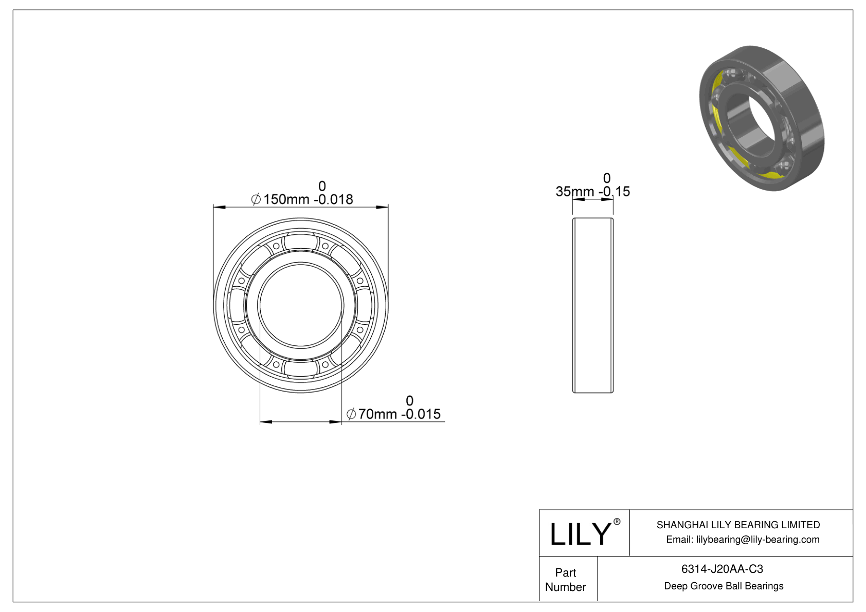 6314-J20AA-C3 Ceramic Coated Bearing cad drawing