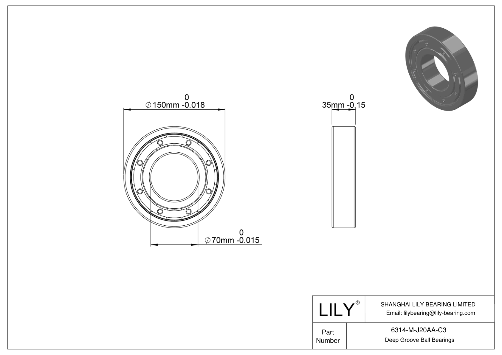 6314-M-J20AA-C3 Ceramic Coated Bearing cad drawing