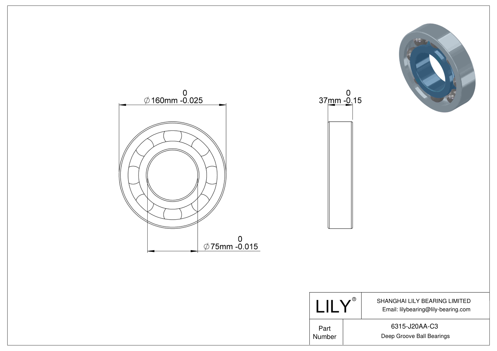 6315-J20AA-C3 Ceramic Coated Deep Groove Ball Bearings cad drawing