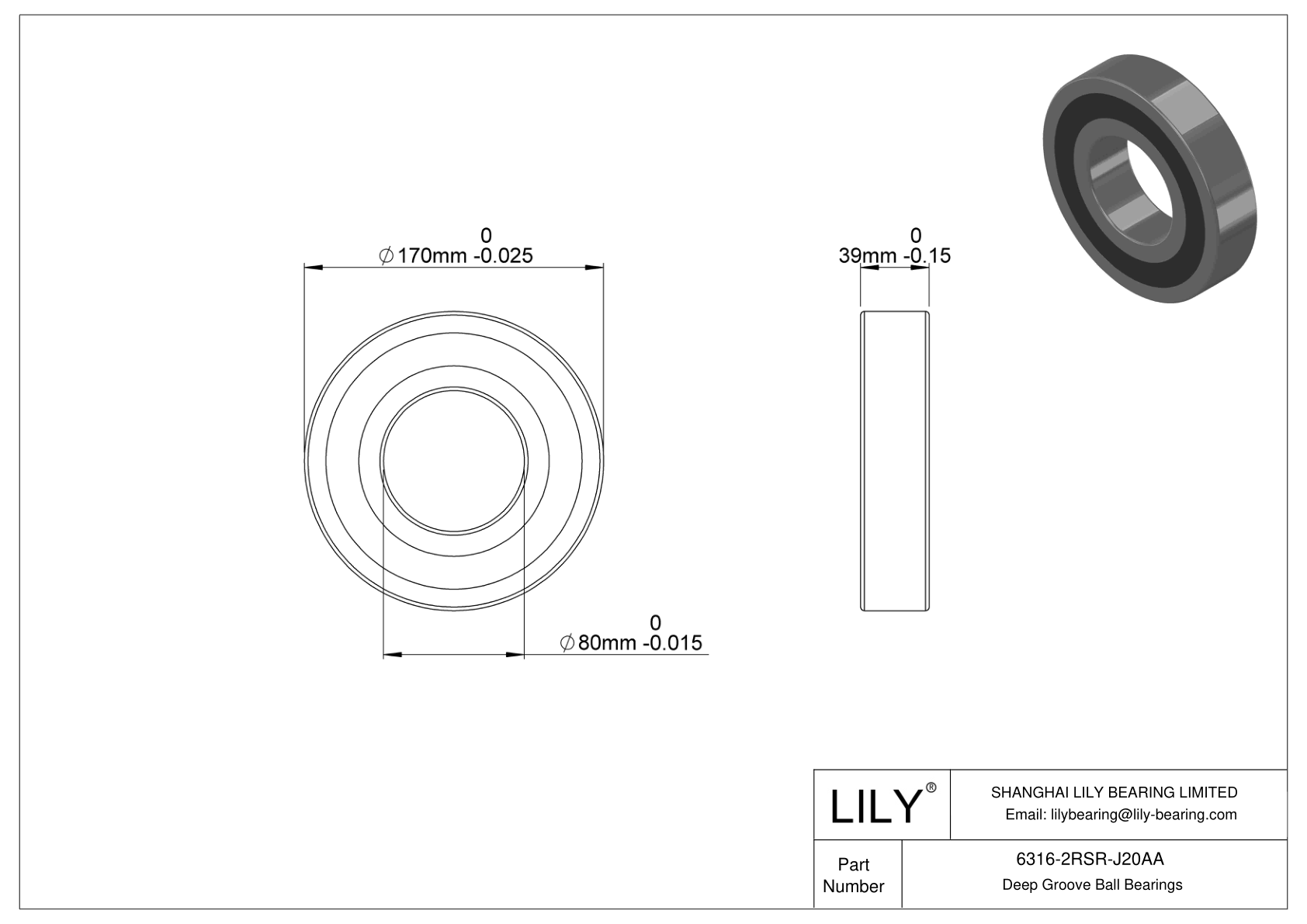 6316-2RSR-J20AA Ceramic Coated Bearing cad drawing