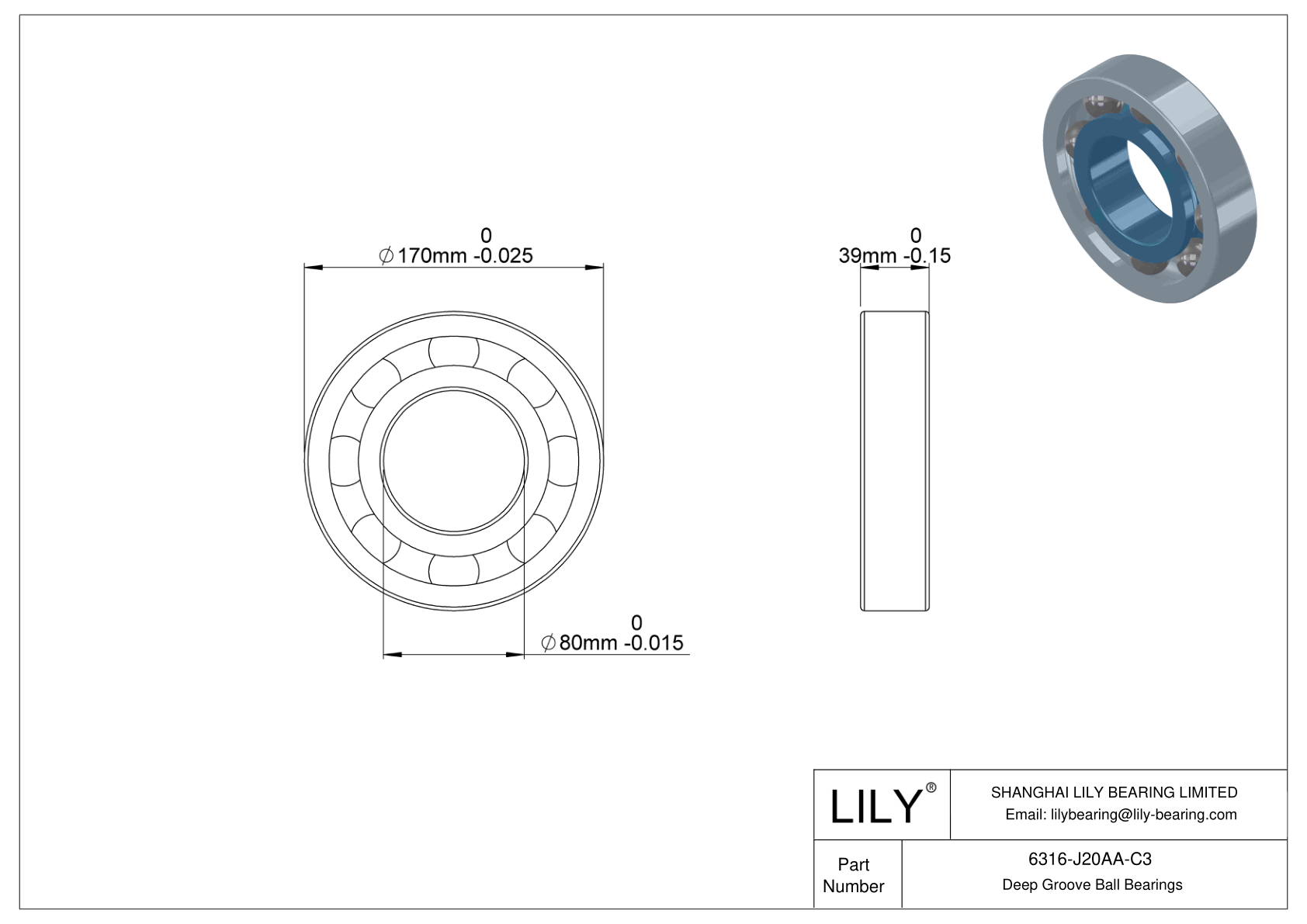 6316-J20AA-C3 Ceramic Coated Deep Groove Ball Bearings cad drawing