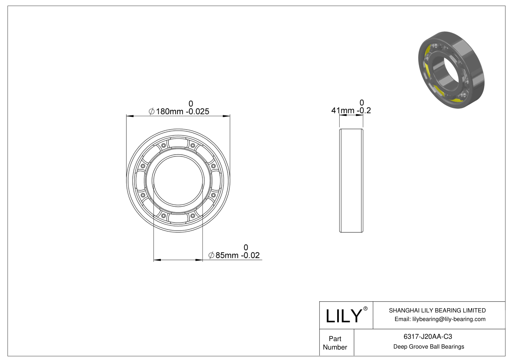 6317-J20AA-C3 Ceramic Coated Deep Groove Ball Bearings cad drawing