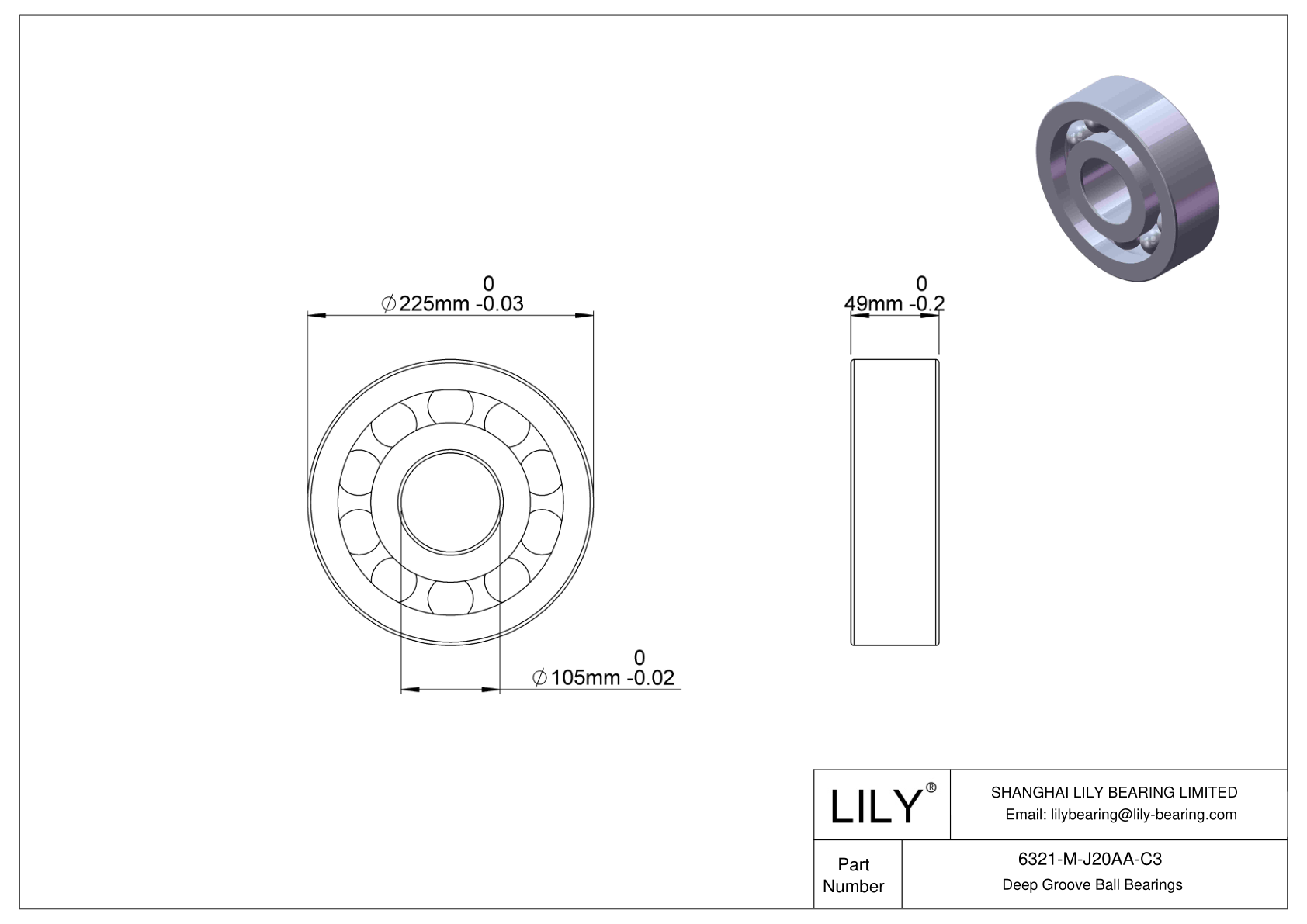 6321-M-J20AA-C3 Ceramic Coated Bearing cad drawing