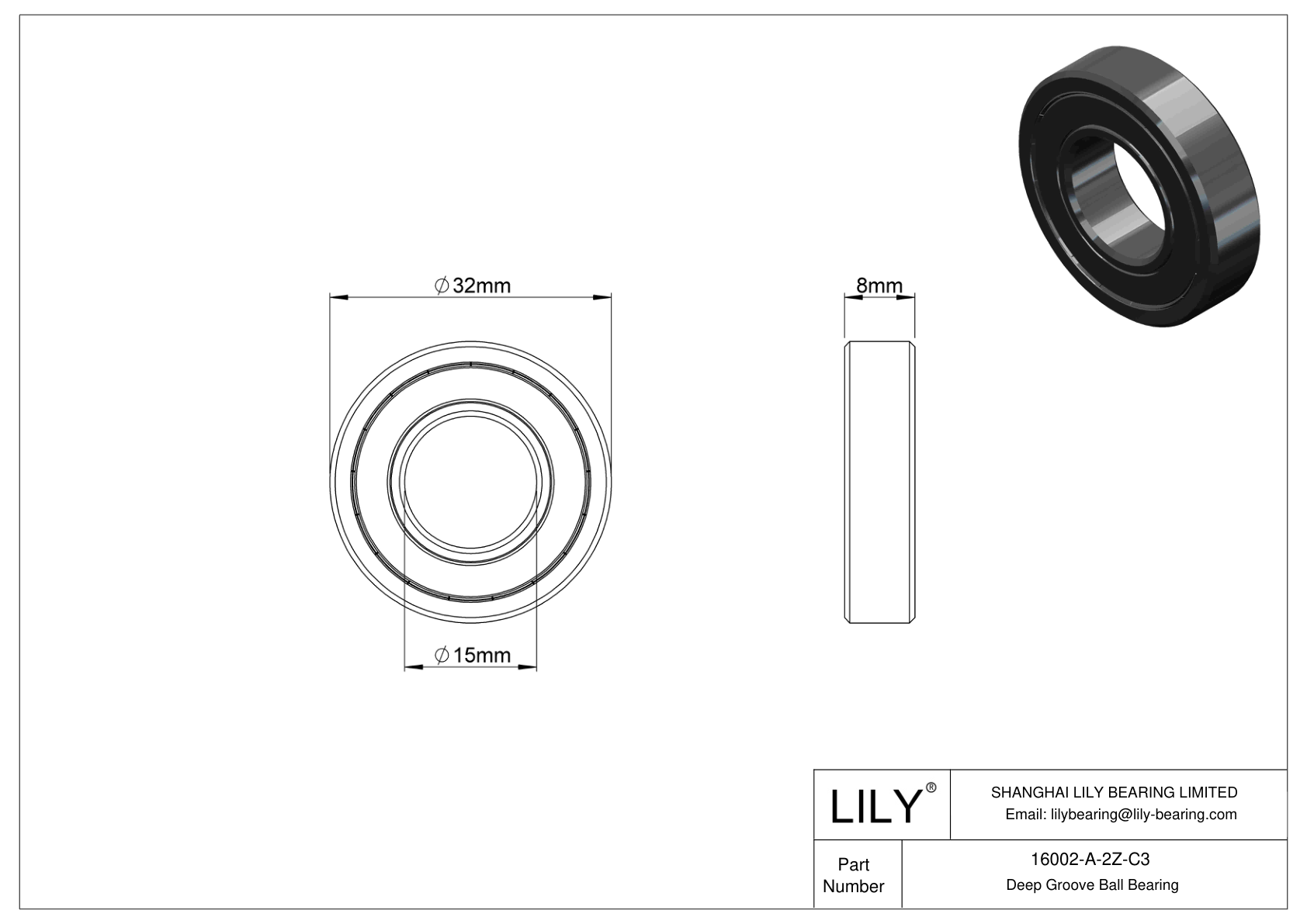 16002-A-2Z-C3 General Deep Groove Ball Bearing cad drawing