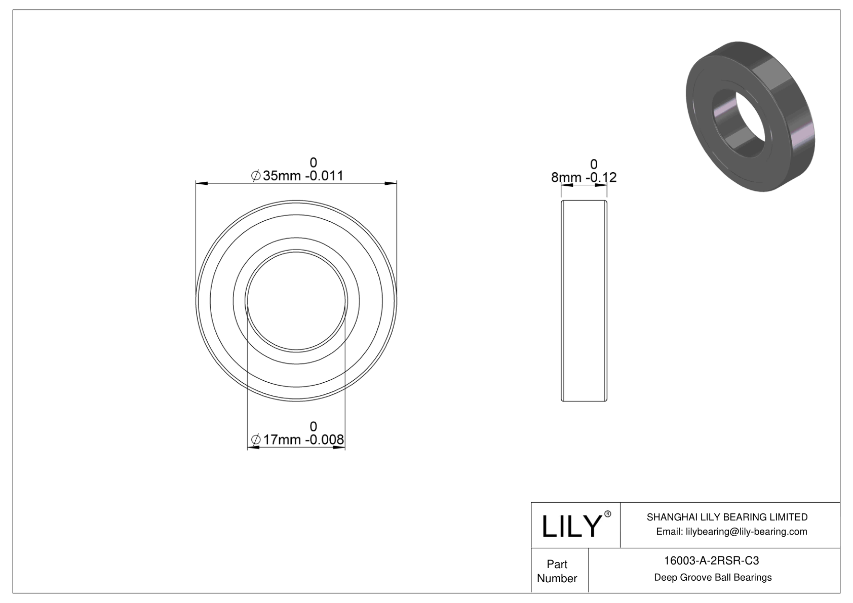 16003-A-2RSR-C3 General Deep Groove Ball Bearing cad drawing