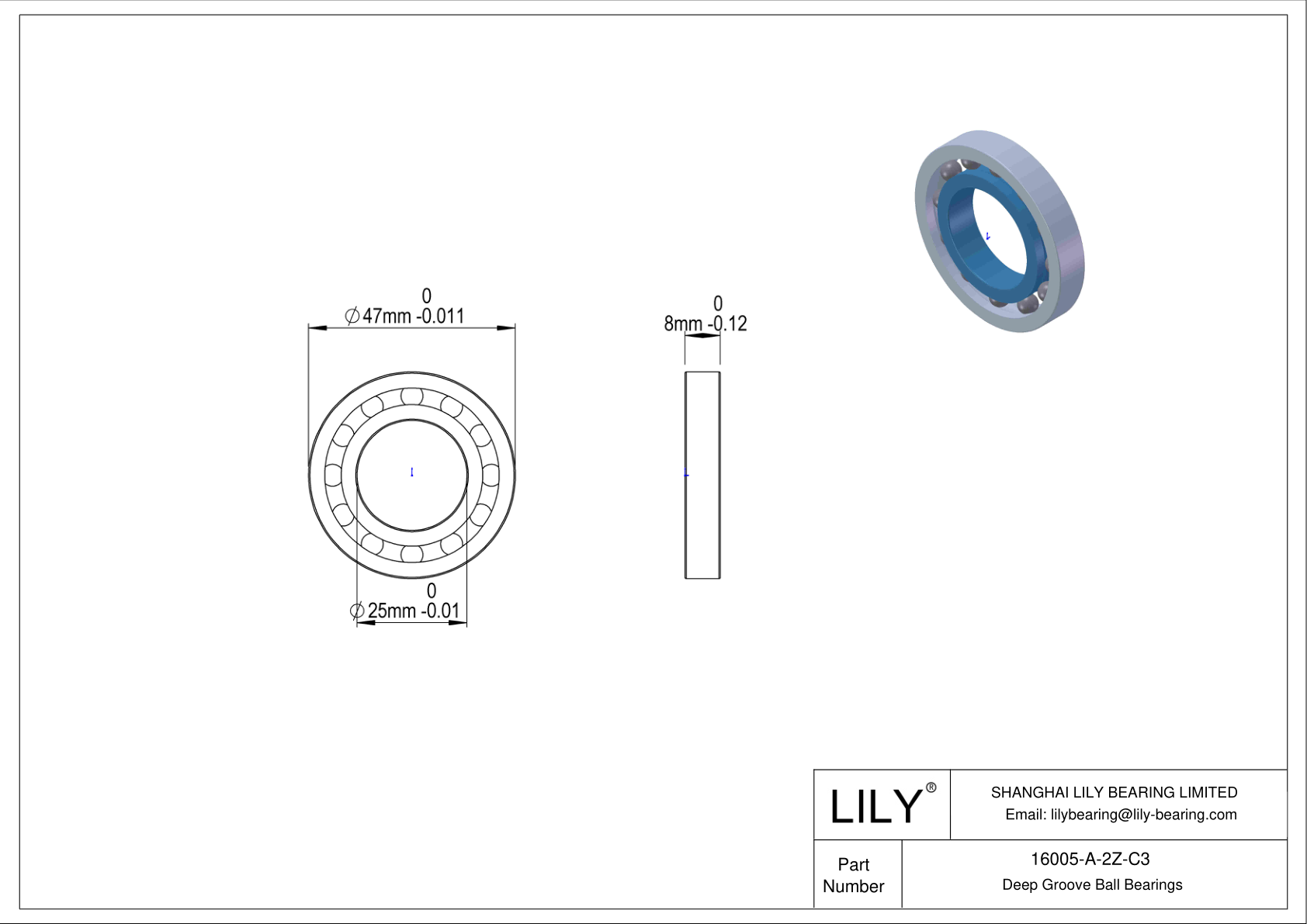 16005-A-2Z-C3 Rodamiento general de bolas de ranura profunda cad drawing