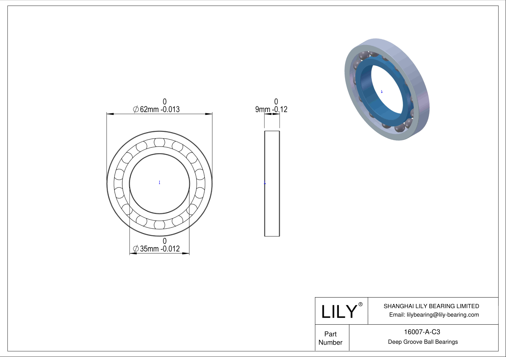 16007-A-C3 Rodamiento general de bolas de ranura profunda cad drawing