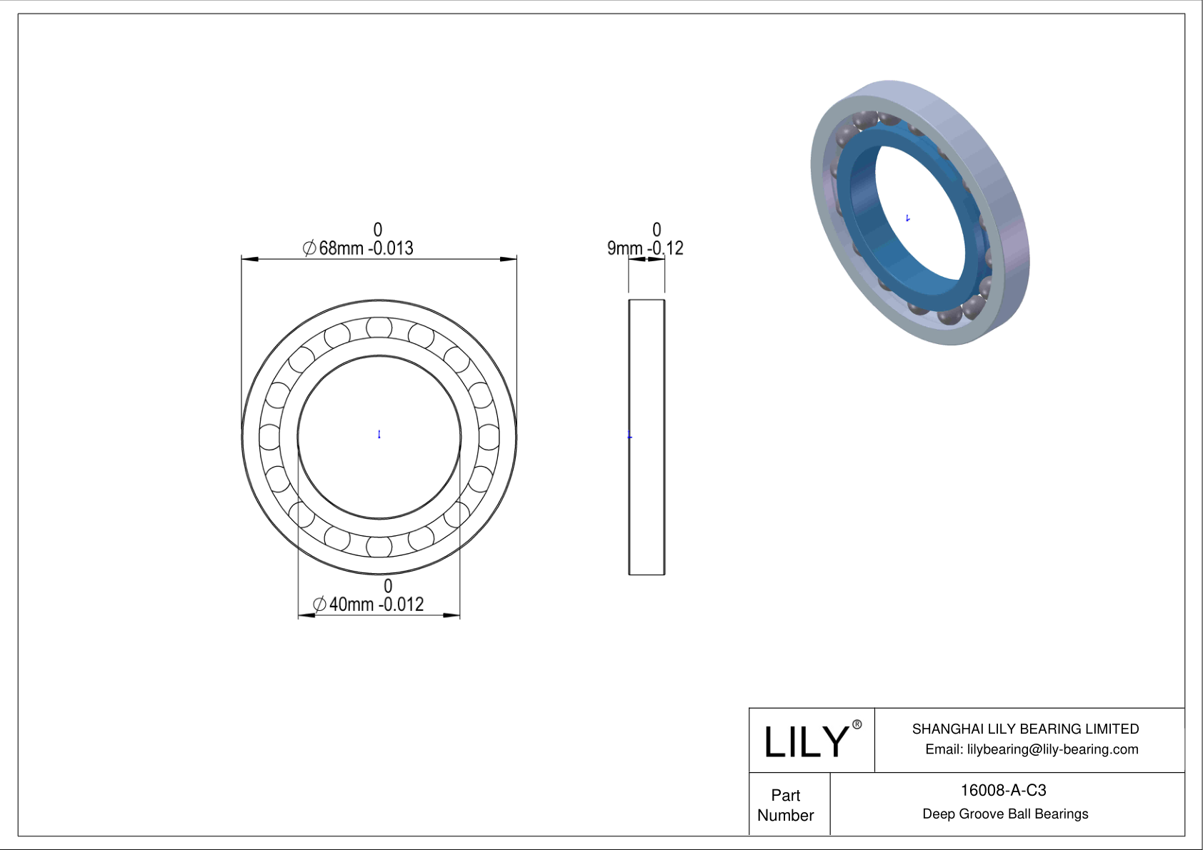 16008-A-C3 General Deep Groove Ball Bearing cad drawing