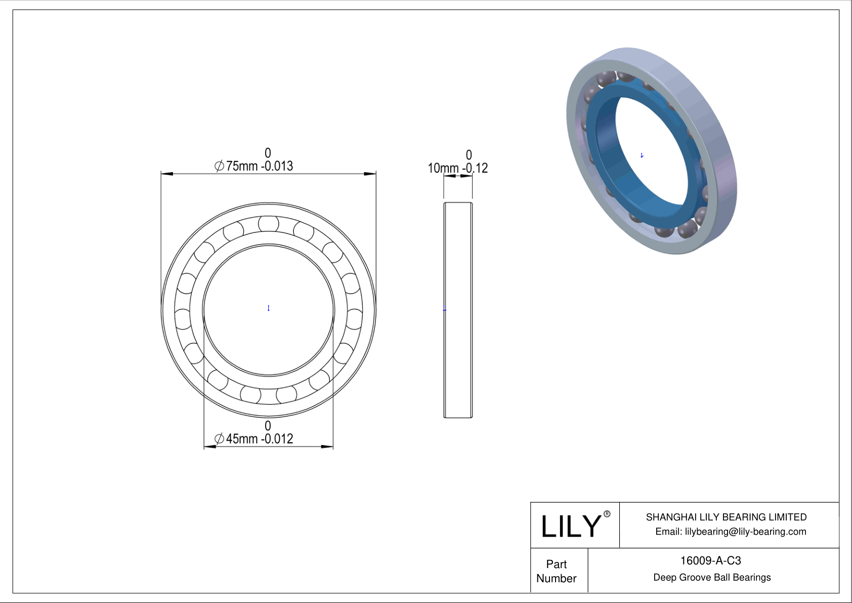 16009-A-C3 General Deep Groove Ball Bearing cad drawing