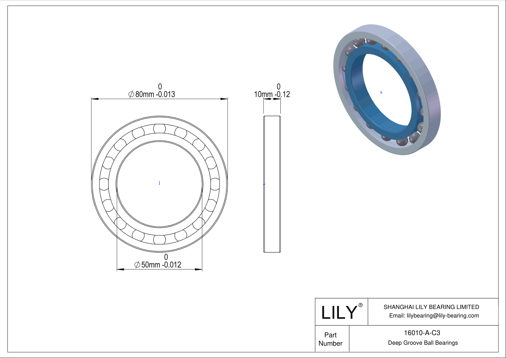 16010-A-C3 Rodamiento general de bolas de ranura profunda cad drawing