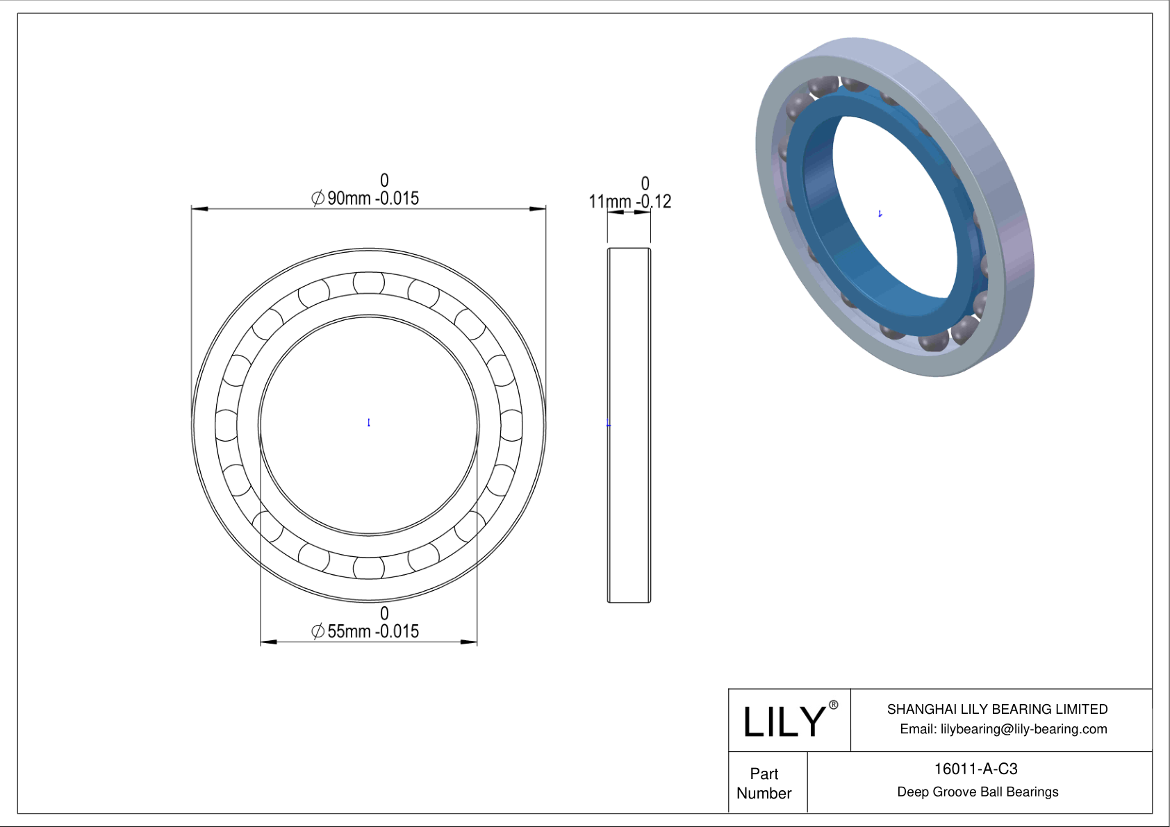 16011-A-C3 General Deep Groove Ball Bearing cad drawing