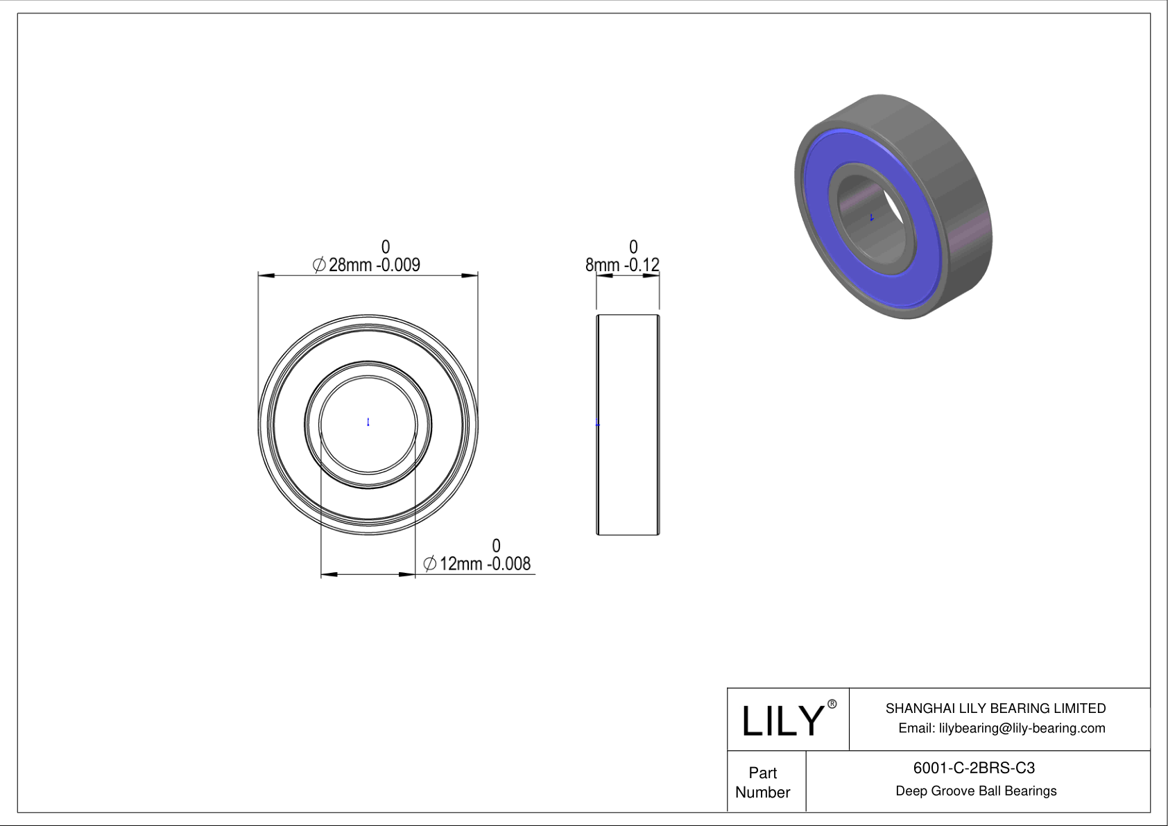 6001-C-2BRS-C3 Rodamiento general de bolas de ranura profunda cad drawing